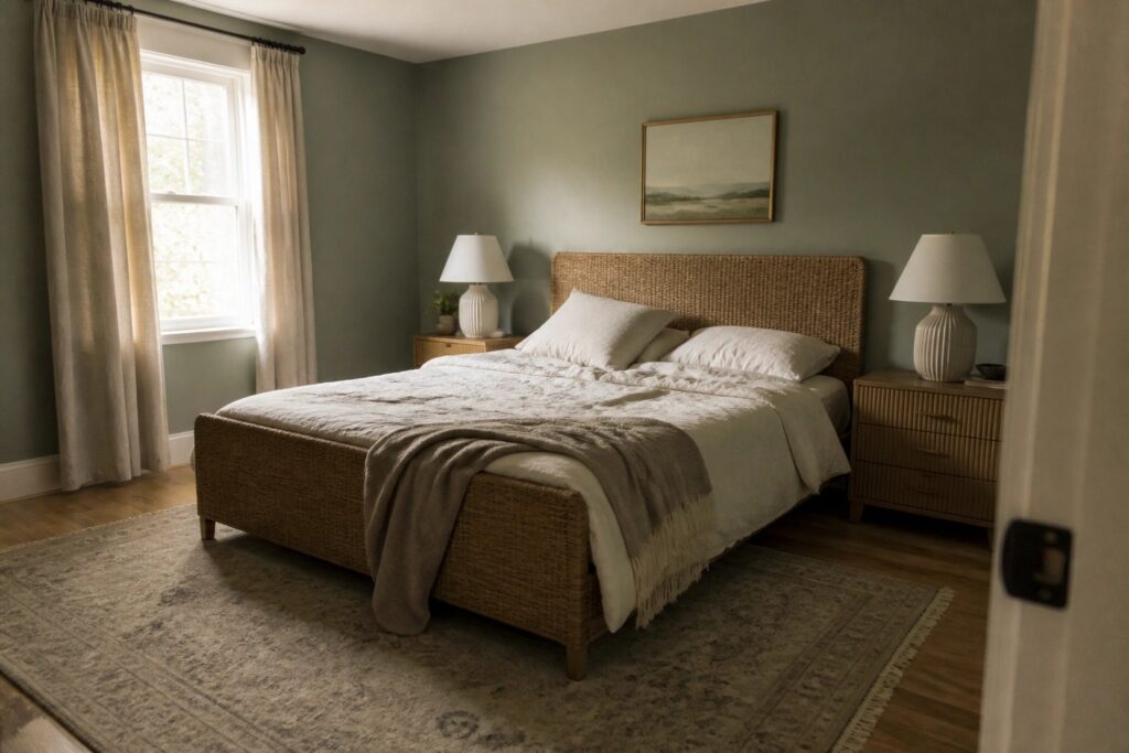 21 Timeless Green Paint Colors for Calm Whole-Home Palettes A bedroom with muted sage green walls and warm wood furniture.