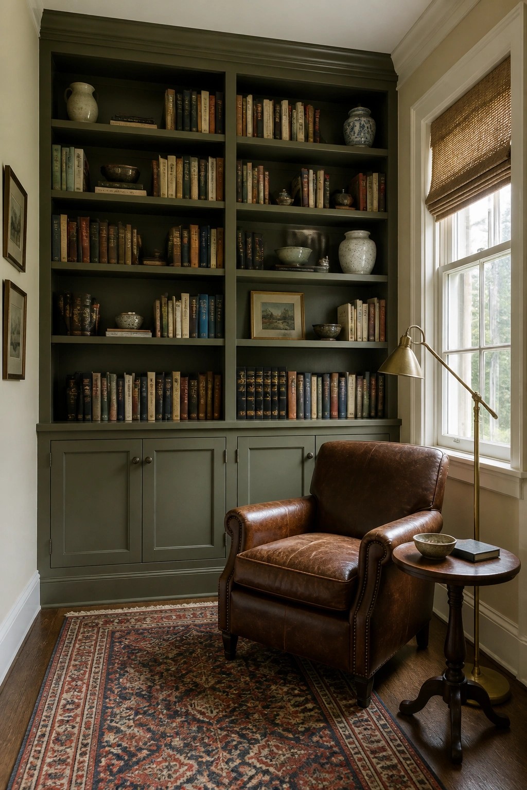 Built-in bookshelves and lower cabinets painted in a deep olive green beside a brown leather chair.