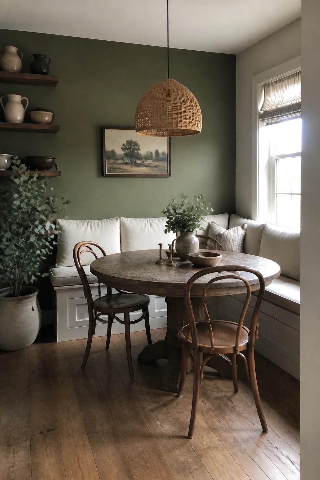 Muted green walls in a dining nook with a round wood table and built-in bench seating.