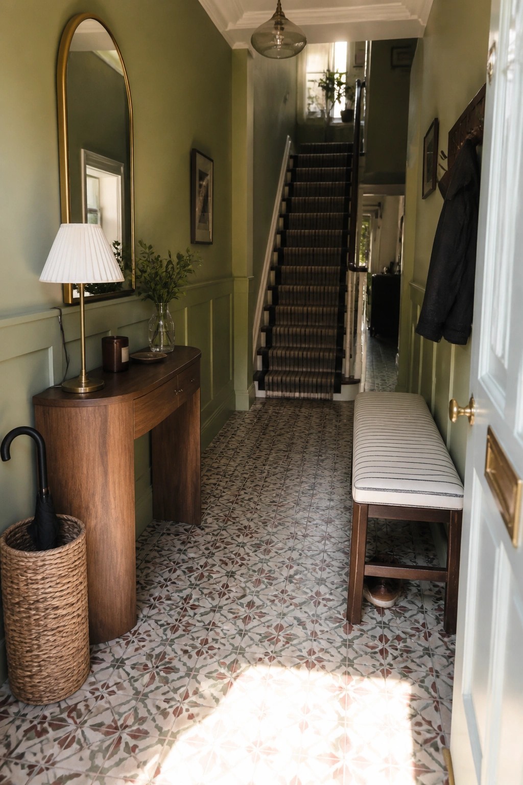 A muted sage green hallway with painted wainscoting and a wood console table.