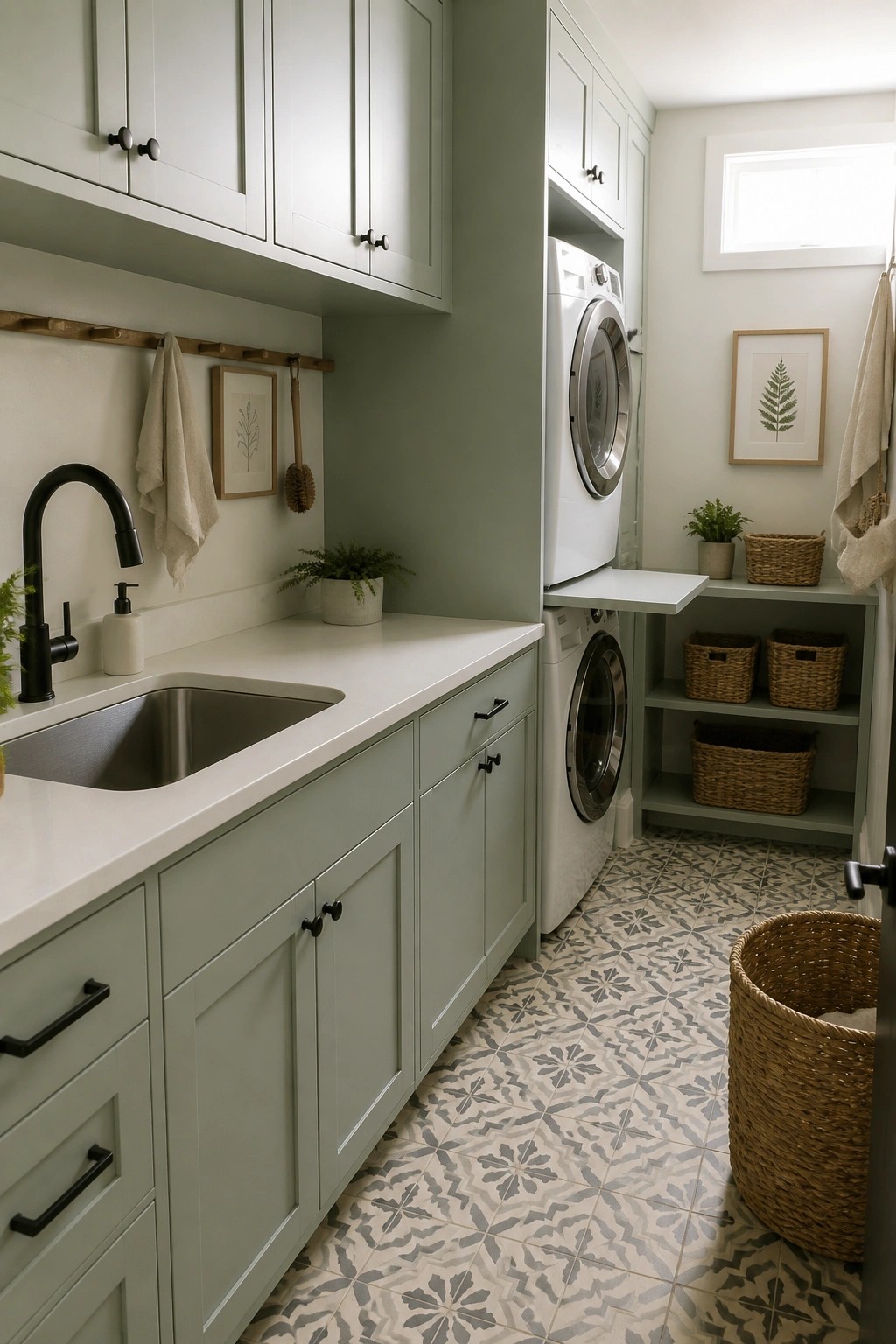 A compact laundry room with muted sage green painted on the walls, cabinets, and shelving unit.