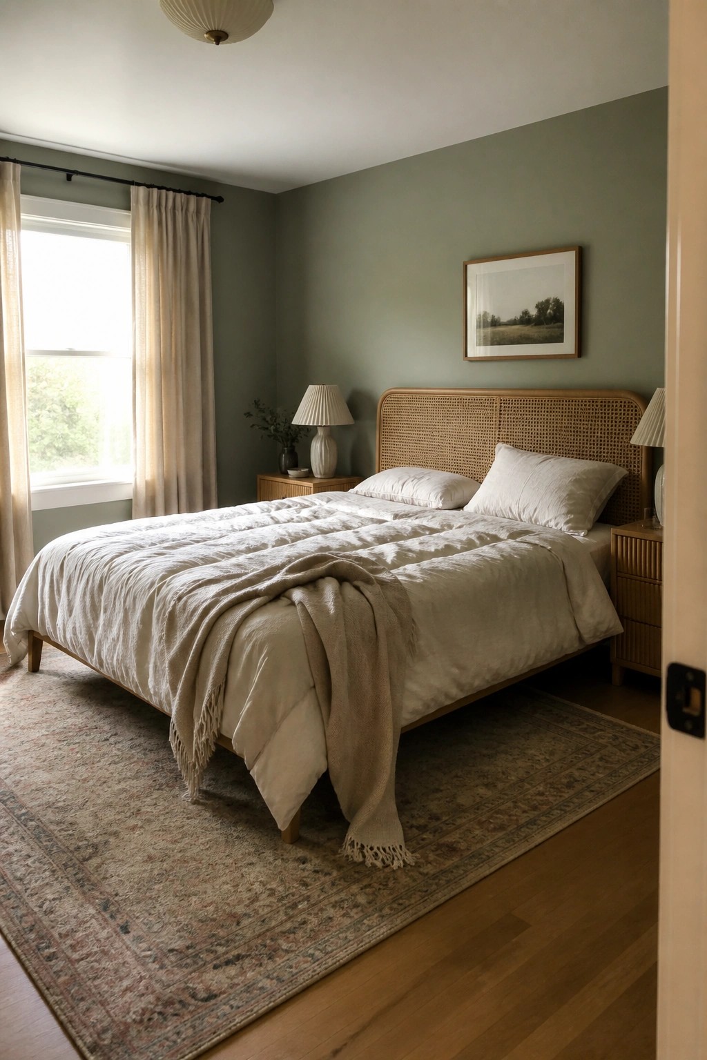 A bedroom with muted sage green walls and warm wood furniture.