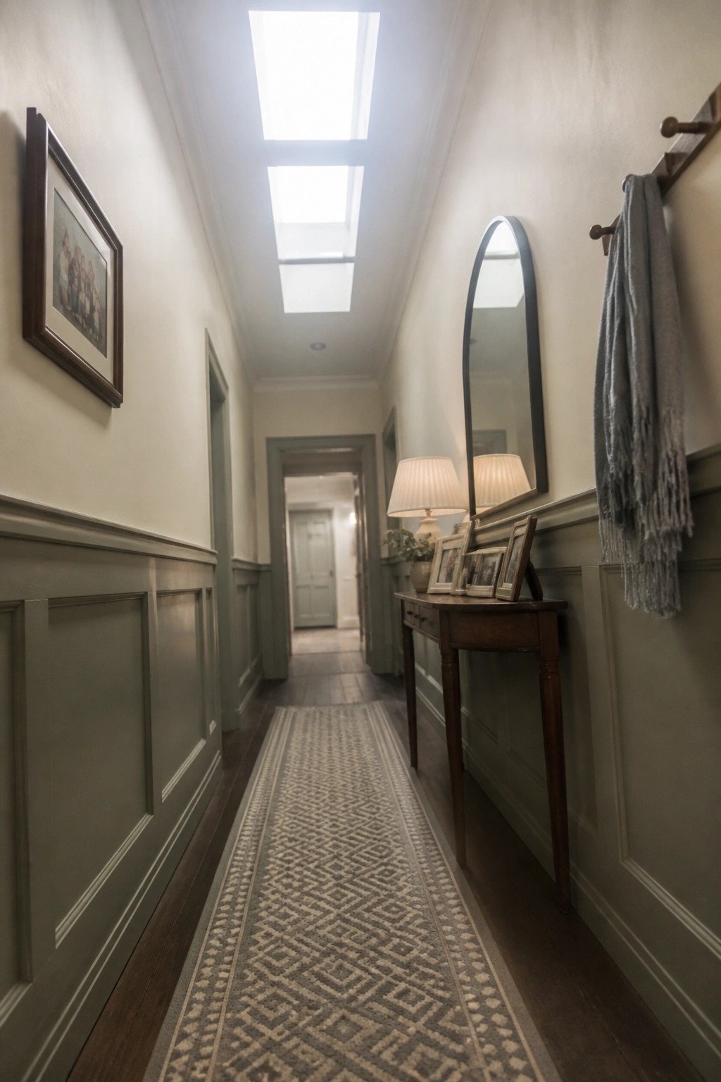 A narrow hallway with muted green wainscoting on the lower walls and white paint above.
