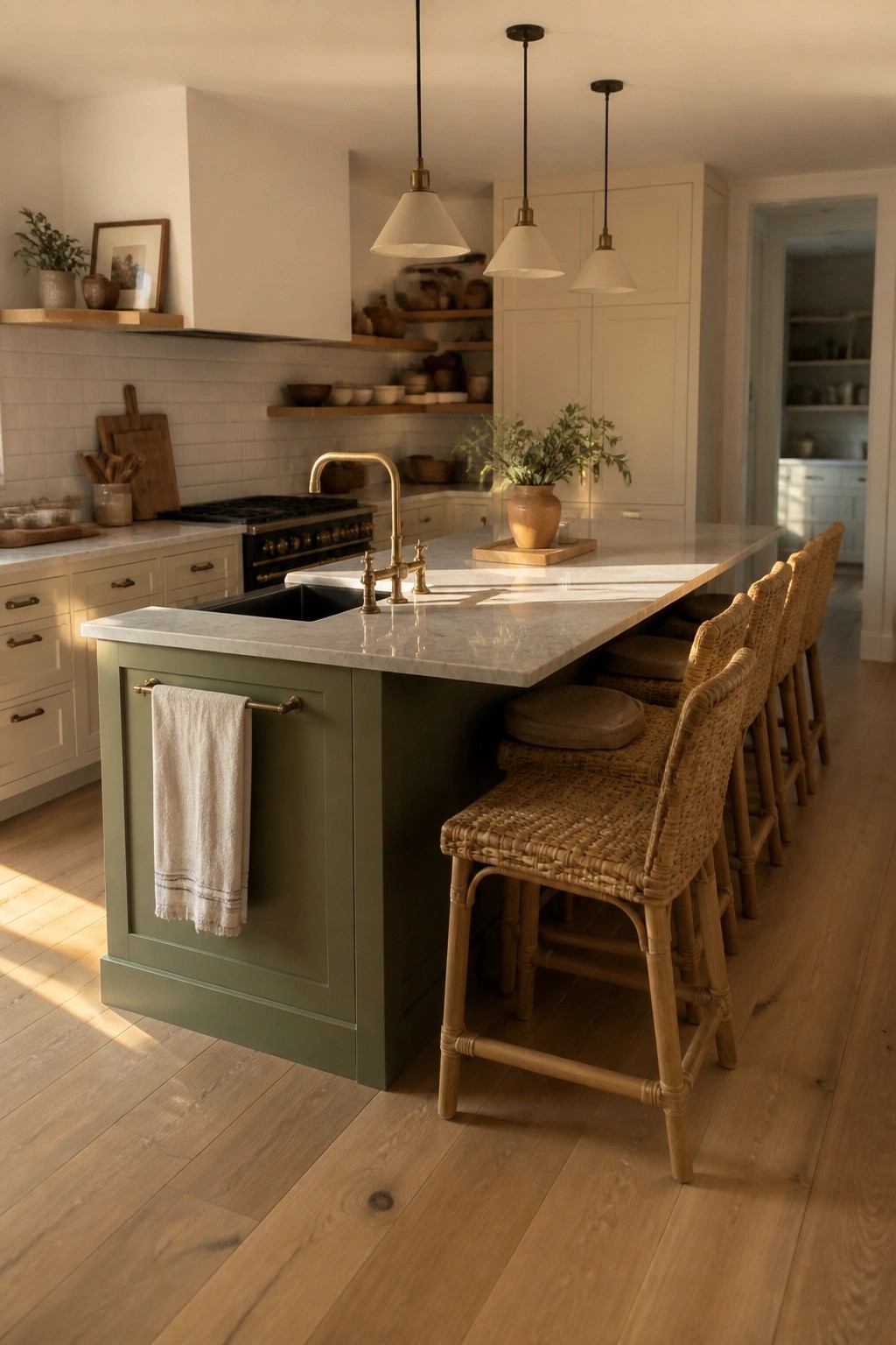 Sunlit kitchen with sage green island, marble countertop, and woven stools.