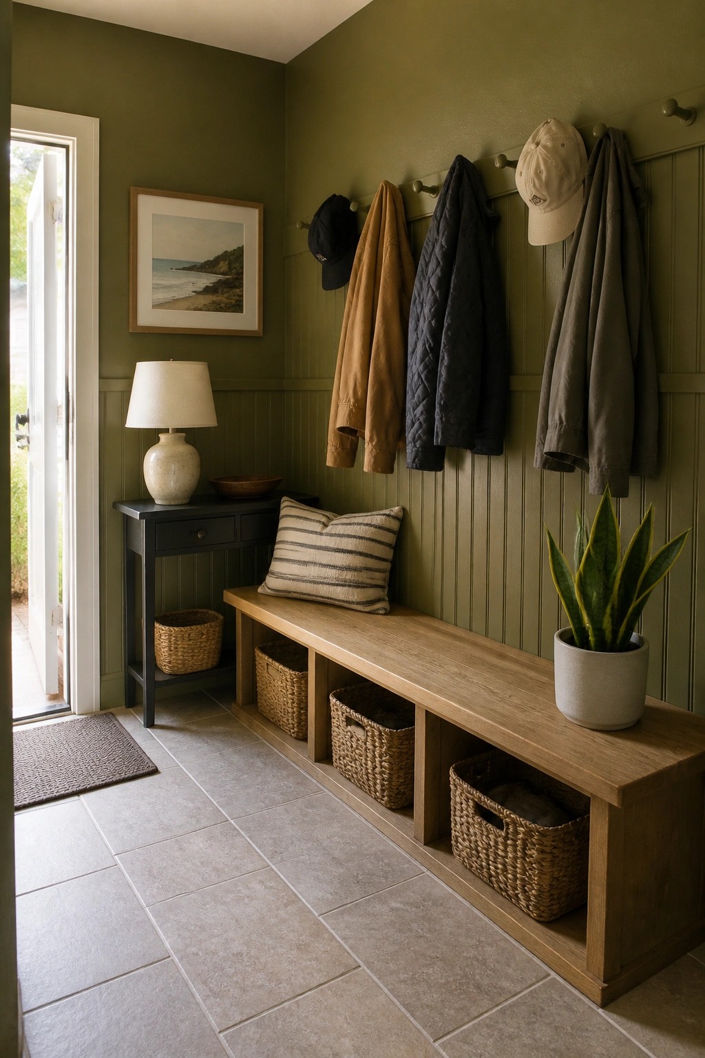 An entryway with deep olive green walls and a wooden bench with storage baskets.