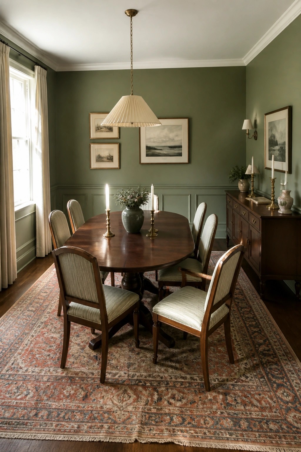 A dining room with muted sage green walls above white wainscoting and a dark wood table.
