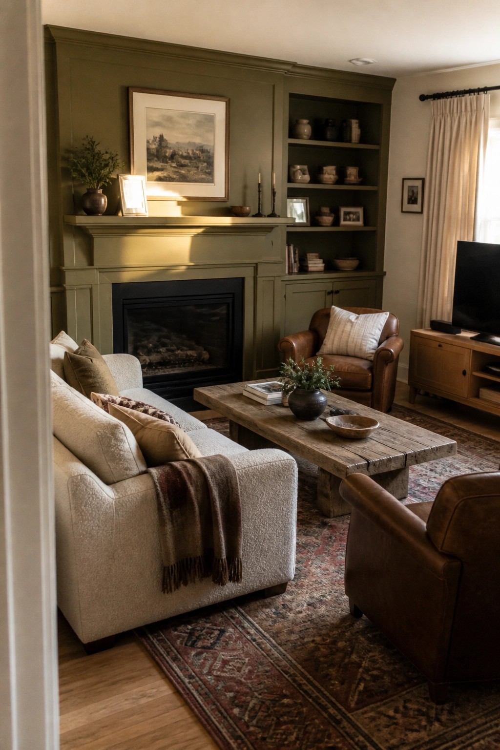 A living room with muted sage green walls and built-in cabinetry around the fireplace.