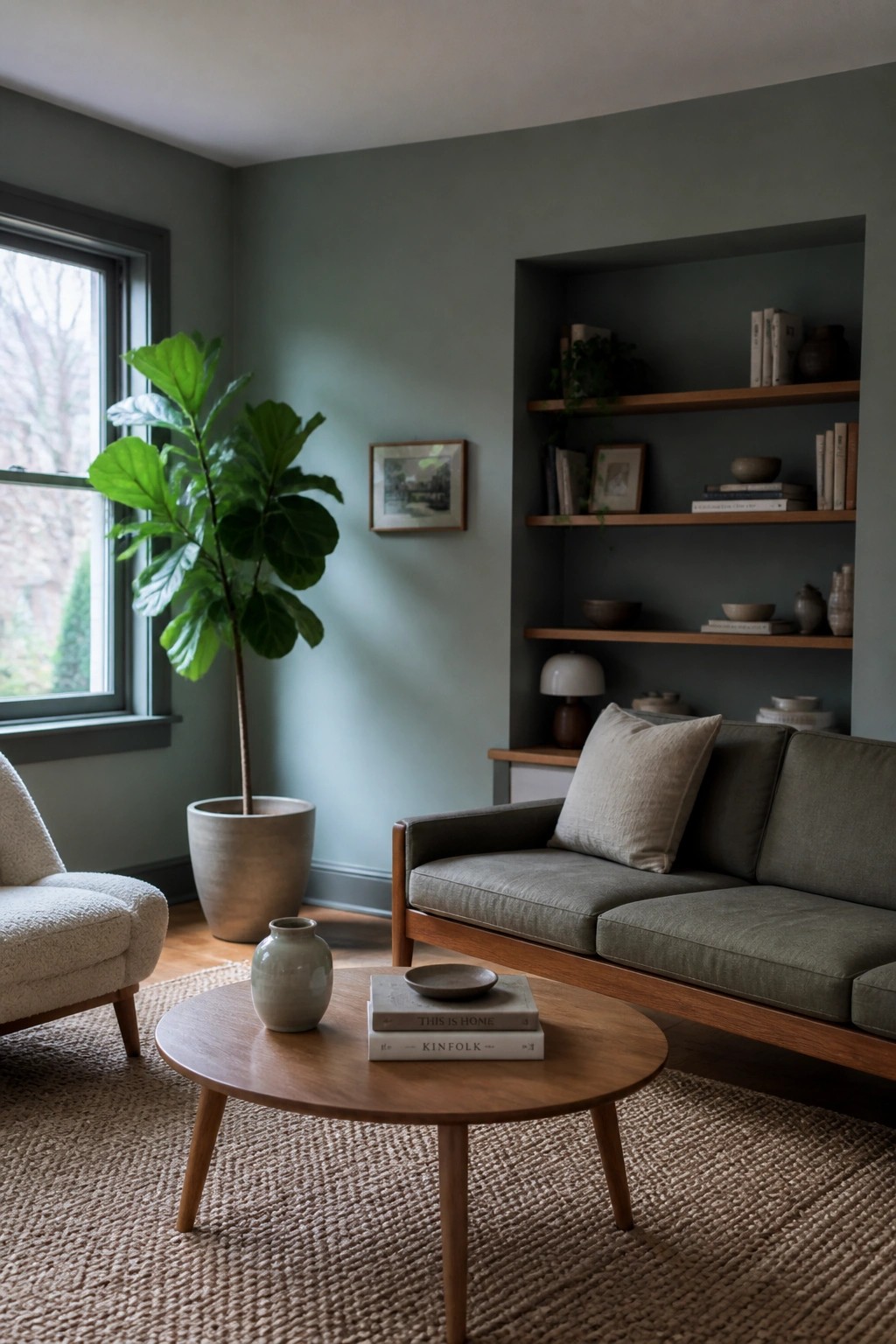 Sage green living room with olive sofa, round coffee table, and fiddle leaf fig plant