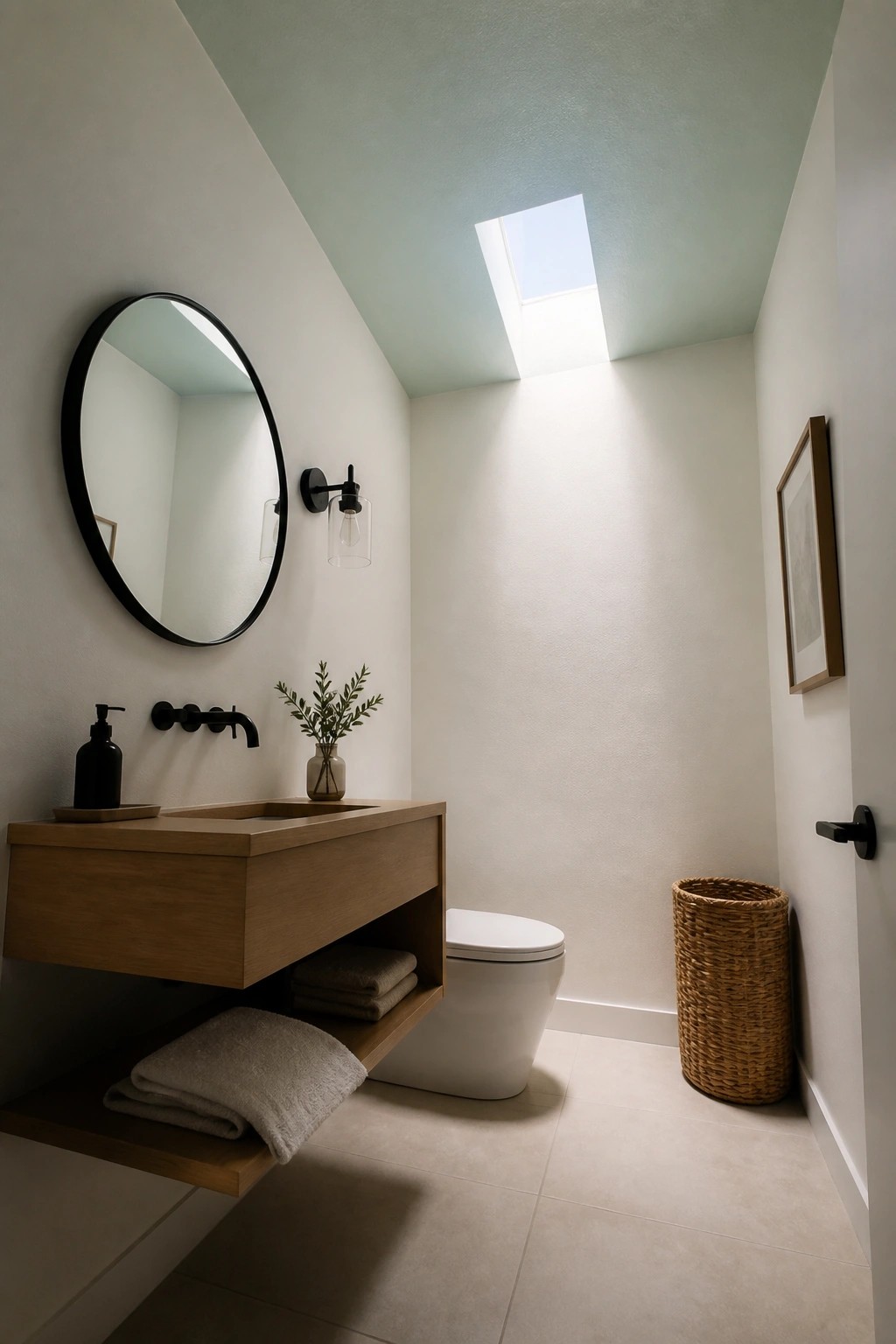 Modern minimalist bathroom with floating wood vanity, round mirror, white toilet, and skylight.