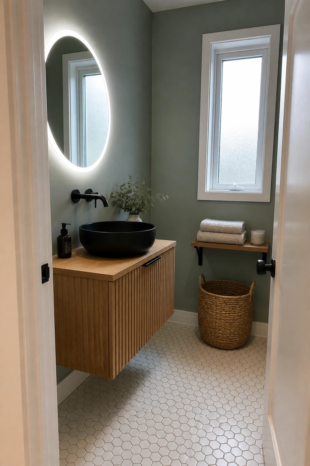 Modern bathroom with sage green walls, round lit mirror, black sink, and wood vanity