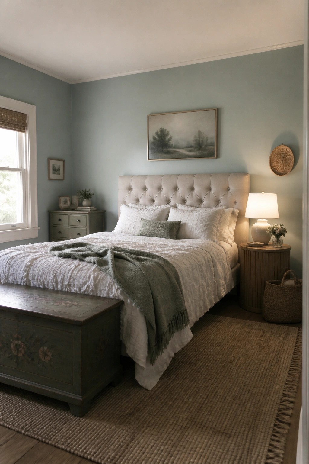 A bedroom featuring soft sage green walls with a large upholstered bed and warm wood accents.