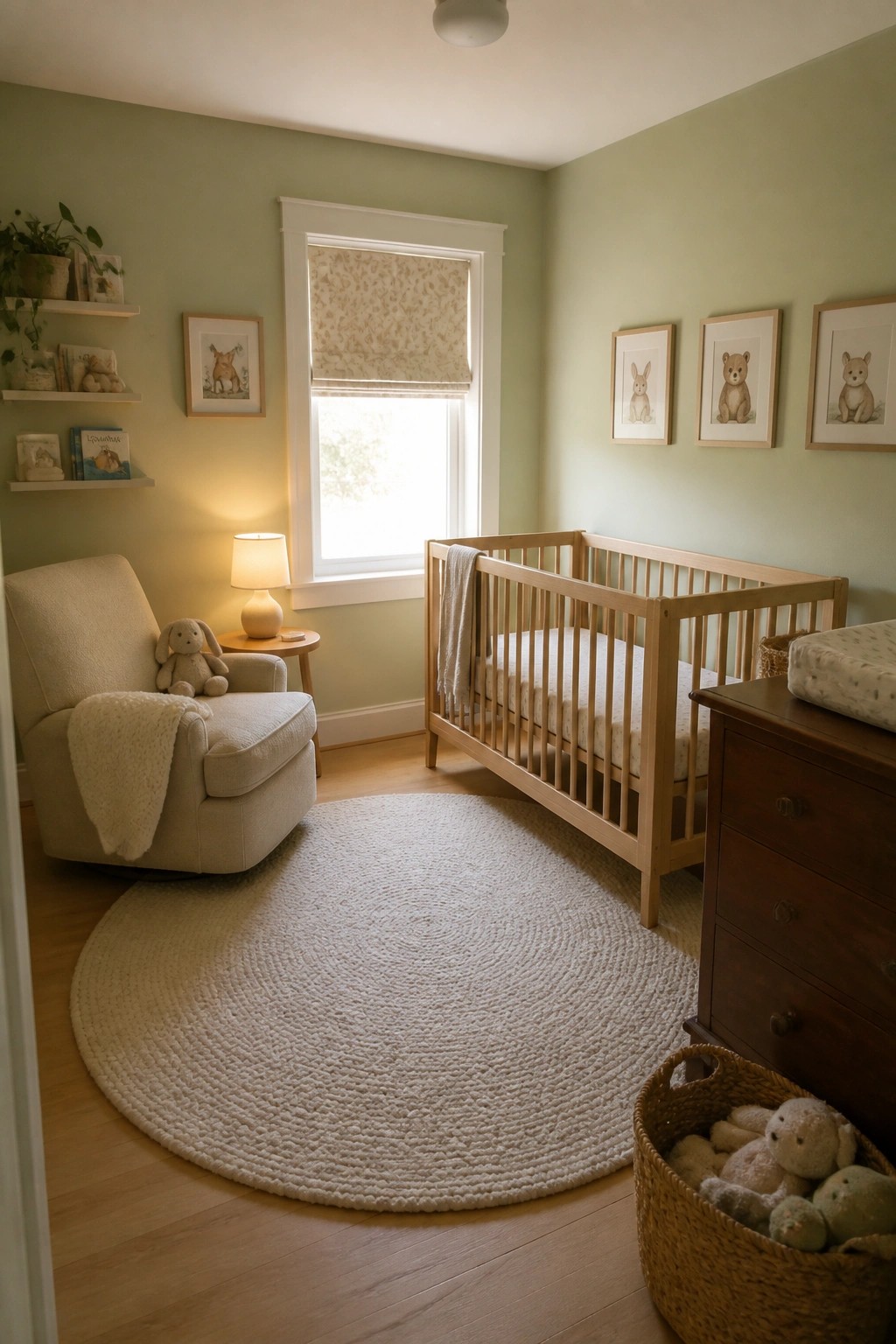 Cozy nursery with wooden crib, white armchair, round rug, and animal prints.