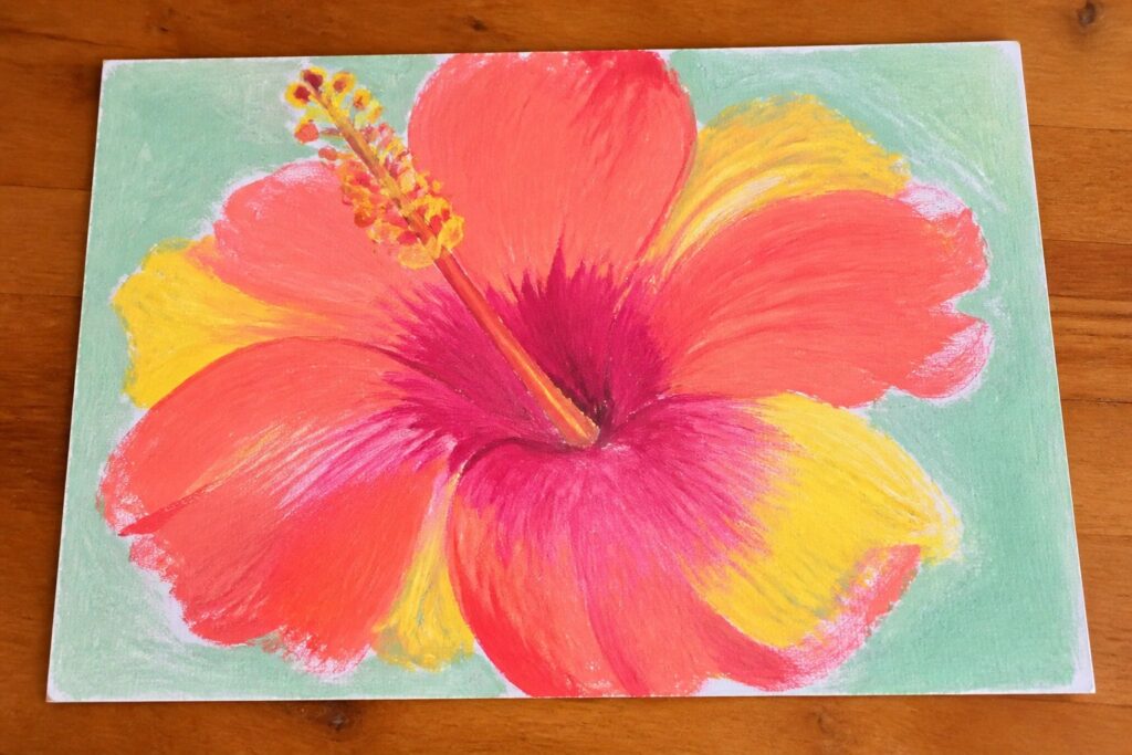 Vibrant pink and orange hibiscus flower painting on teal canvas over wood