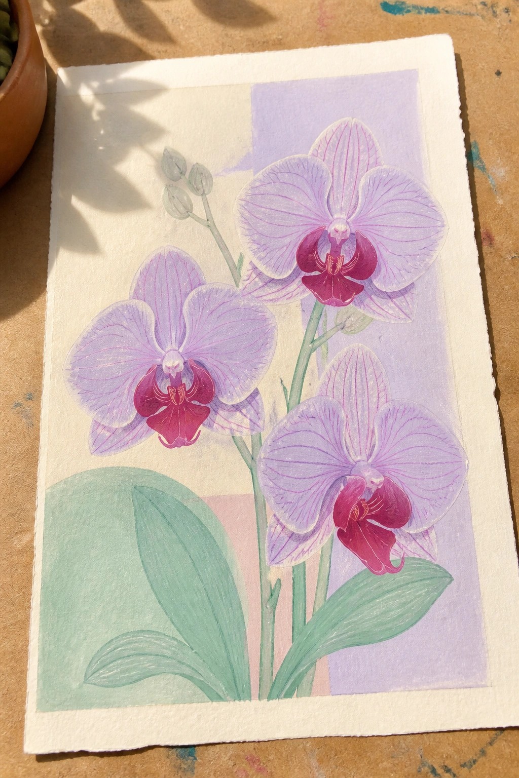Watercolor painting of three purple orchids with magenta centers and green leaves