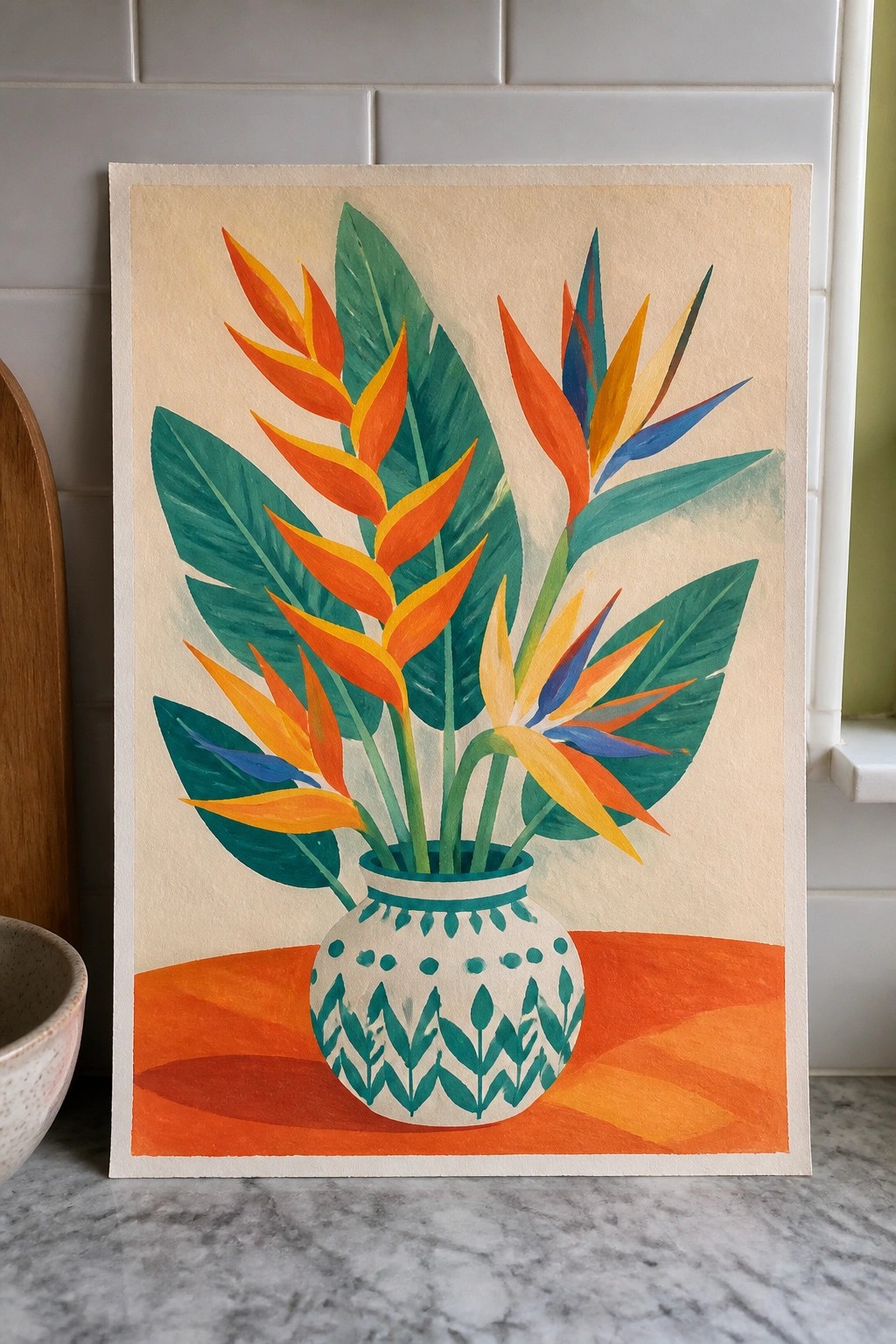 Watercolor painting of vibrant bird of paradise flowers in patterned vase on orange surface