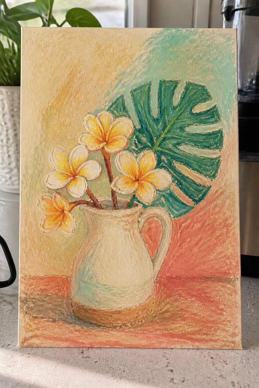 Pastel painting of yellow plumerias in white pitcher beside large green monstera leaf.