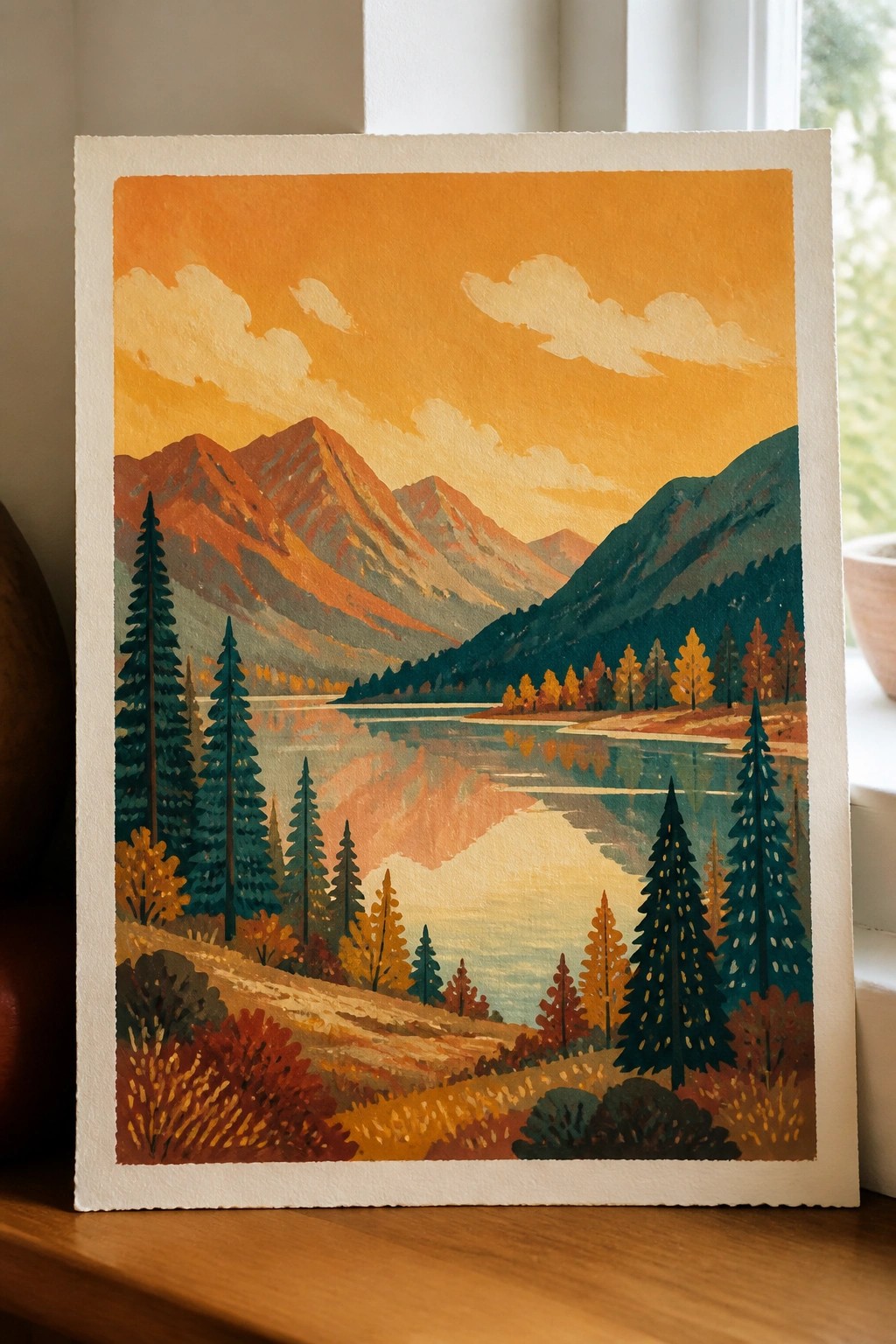 Vibrant autumn landscape painting of mountains reflected in a calm orange lake.