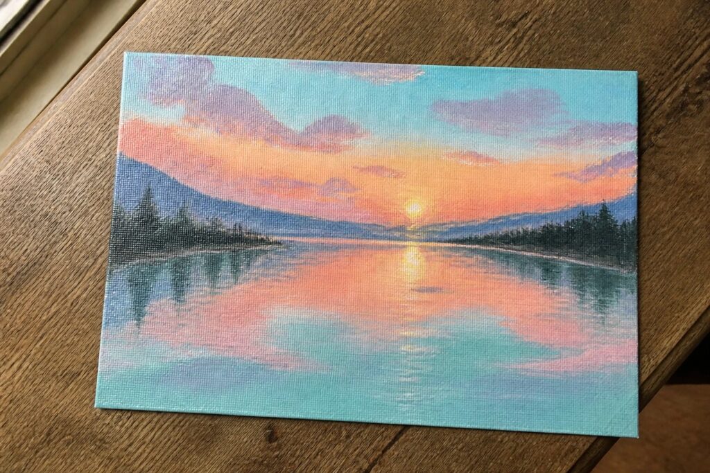 Colorful sunset painting with sun reflecting on water below mountain silhouette.