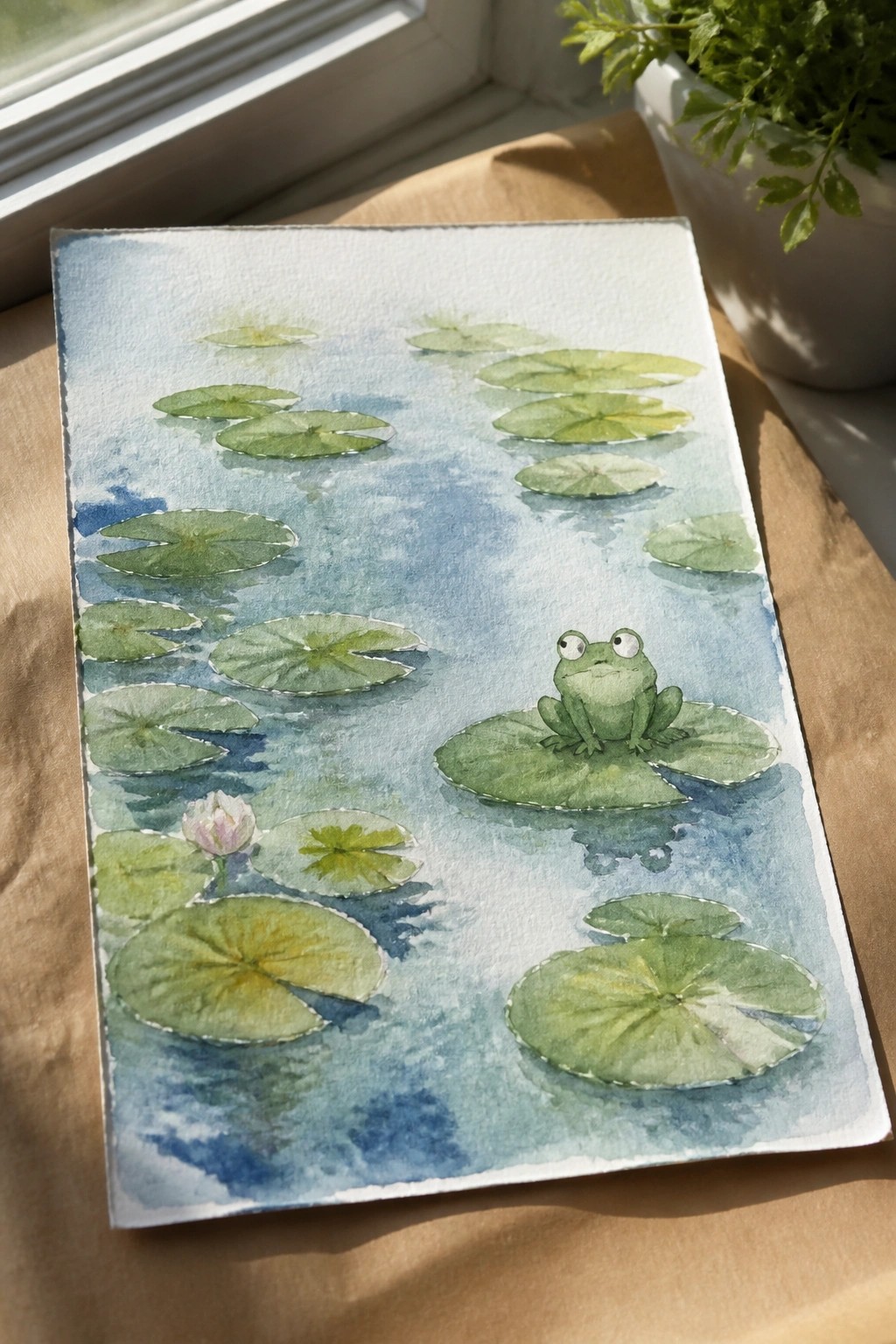 Watercolor painting of green frog on lily pad amid blue pond and floating pads