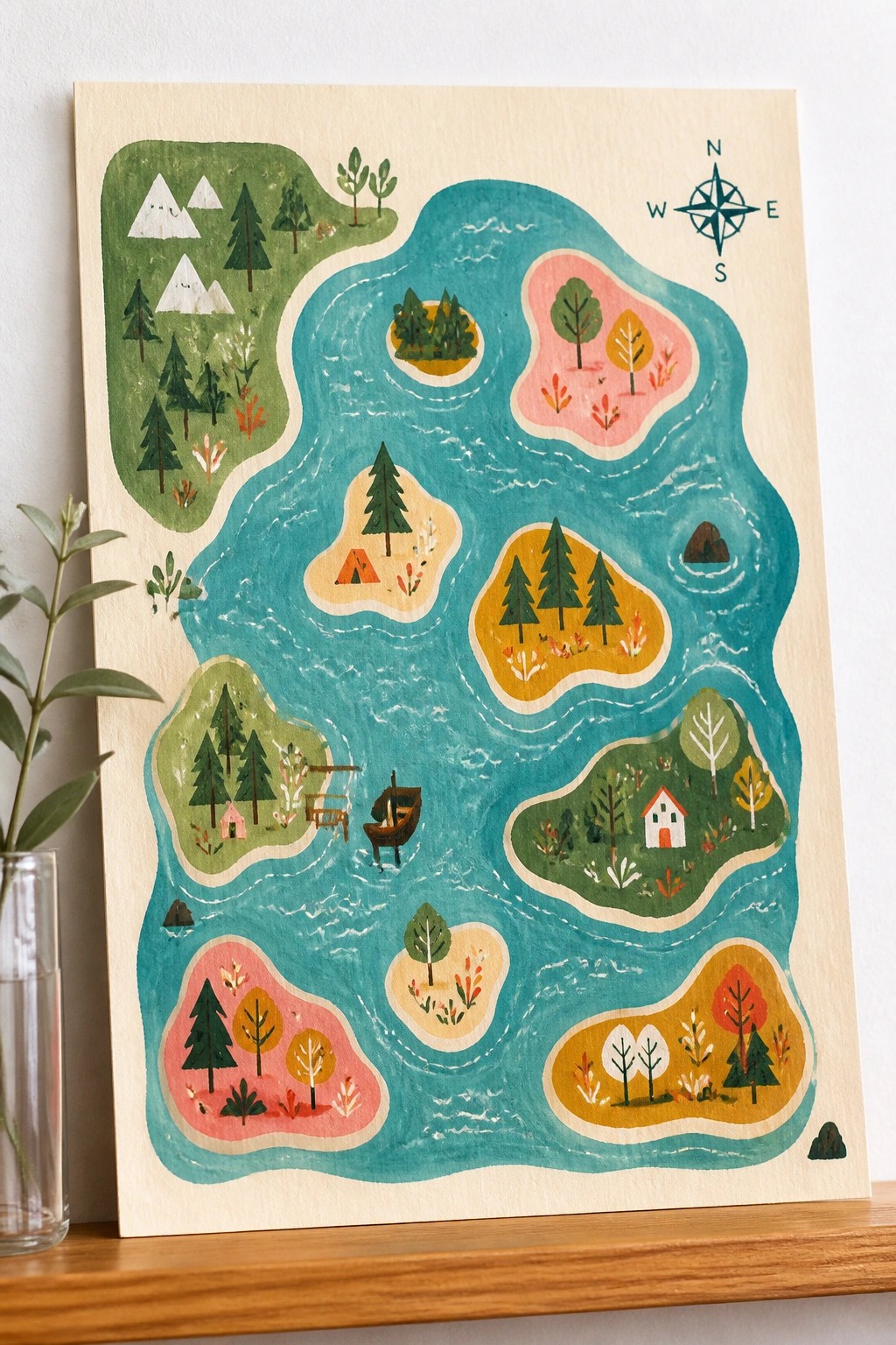 Colorful illustrated map on wood with islands, trees, boat, house, and compass rose