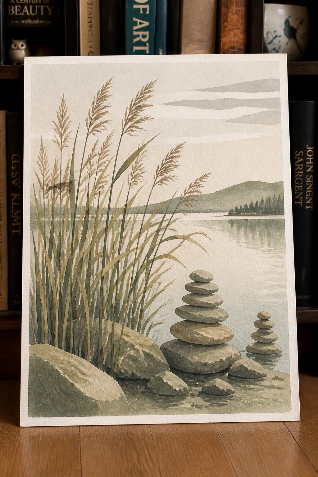 Watercolor of tall reeds, stacked stones, calm lake, and misty hills in muted tones