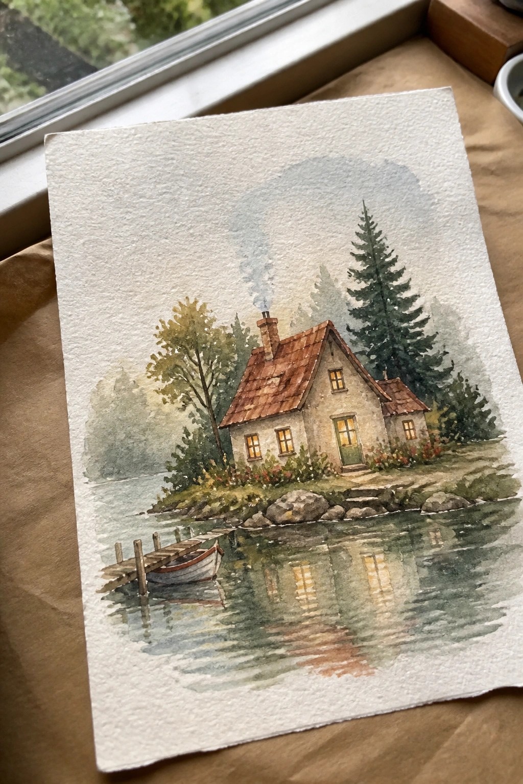 Watercolor of lakeside stone cottage with red roof, dock, boat, and reflecting water.