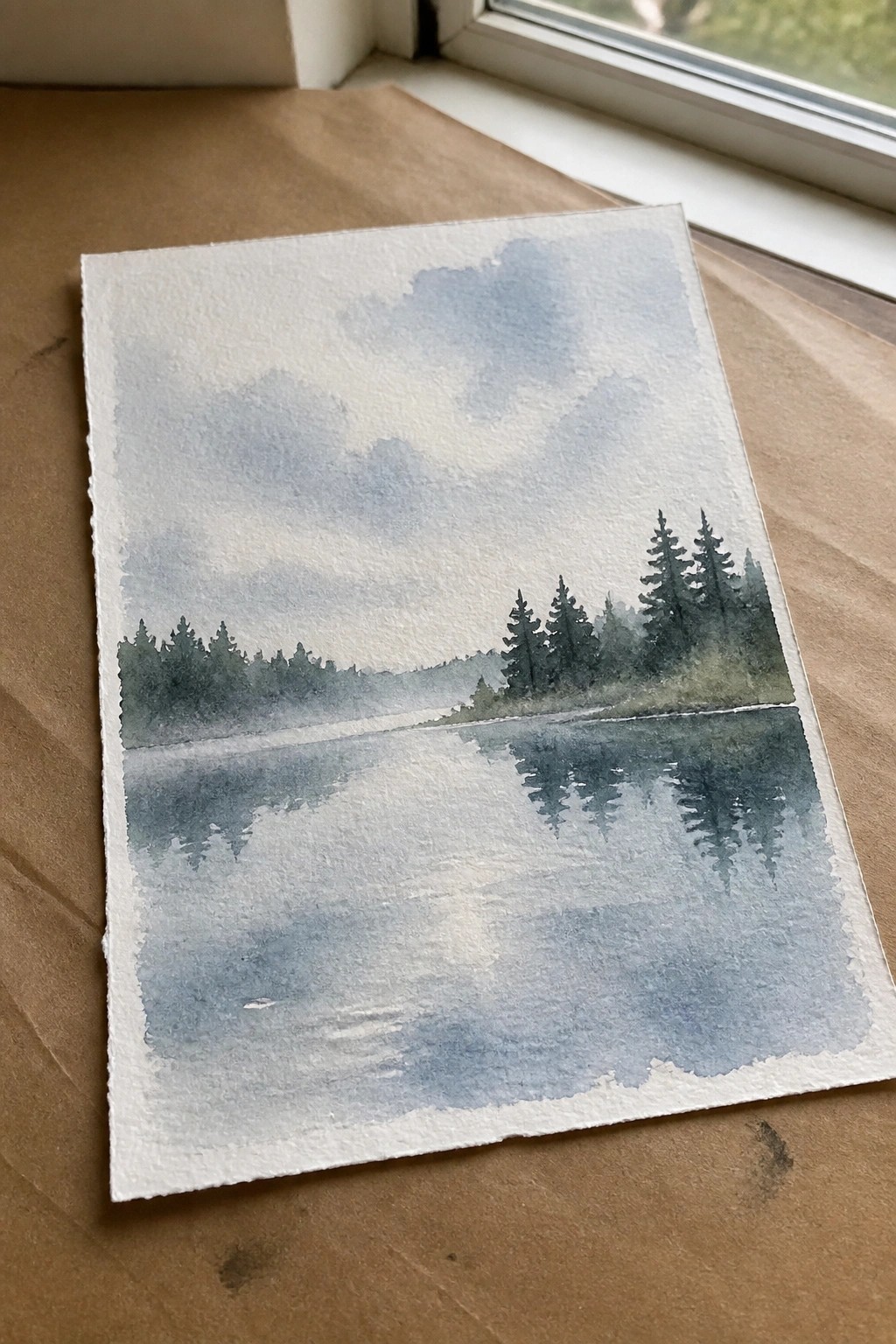 Watercolor of misty lake with pine reflections on textured paper by window.