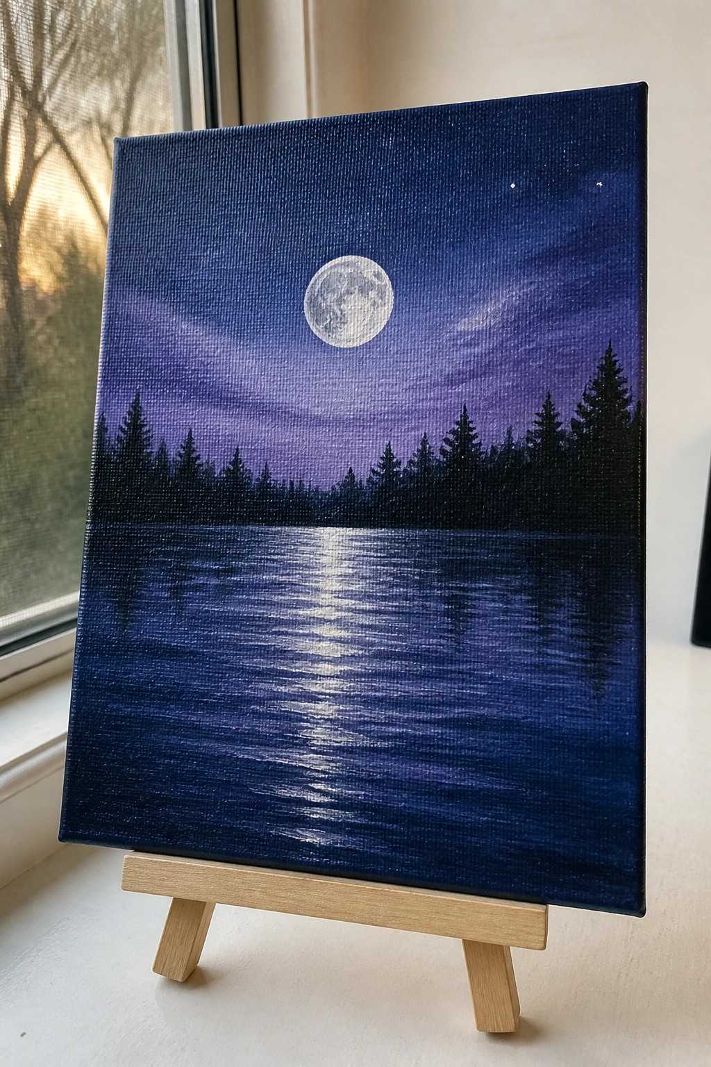 Moonlit canvas on easel showing full moon over reflective lake and pine silhouettes