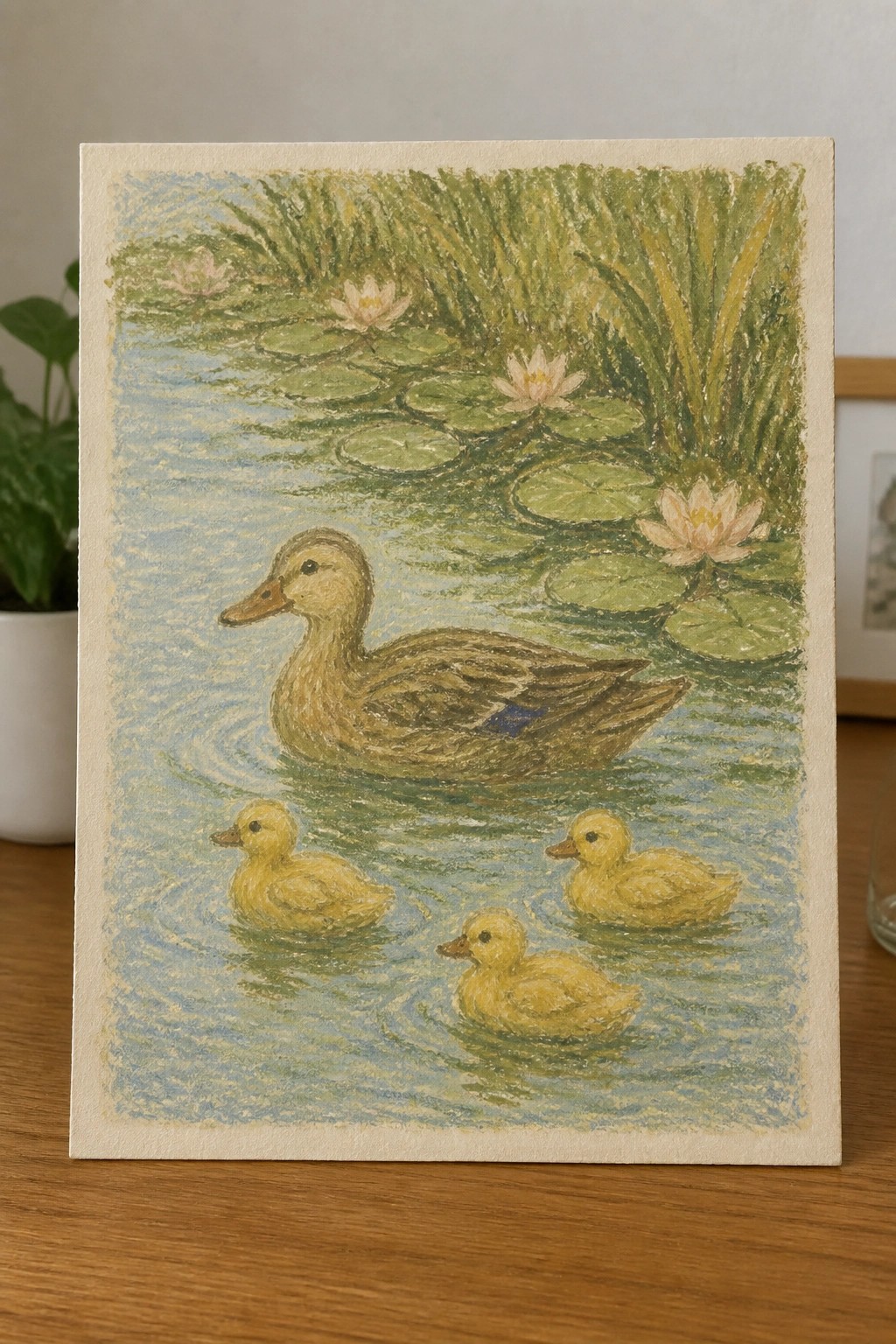 Brown duck with three yellow ducklings swimming among pink water lilies and lily pads.