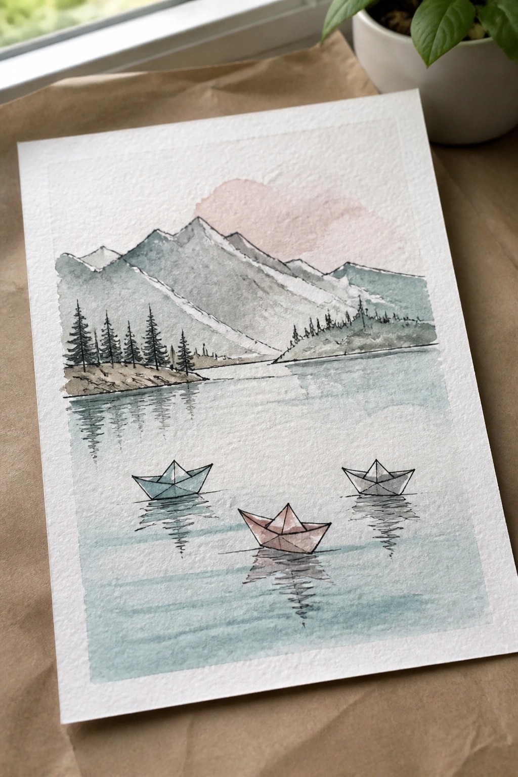 Watercolor painting of mountains and lake with three paper boats floating.