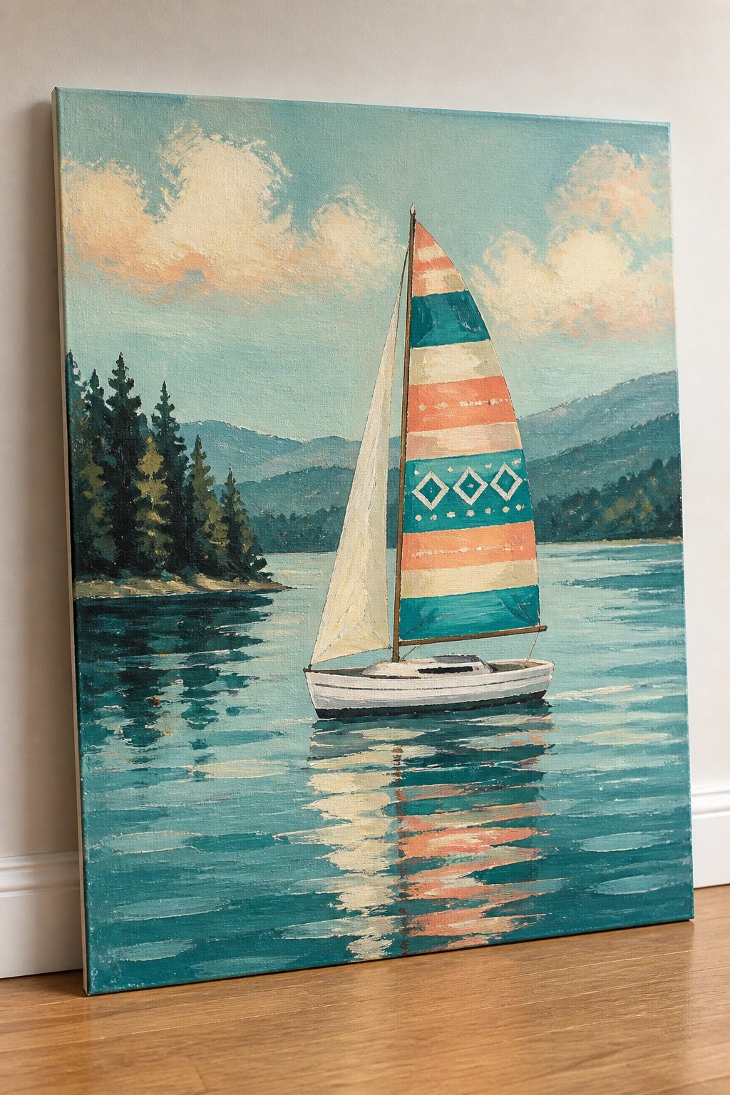 Sailboat with colorful striped sail on reflective teal water amid forested mountains