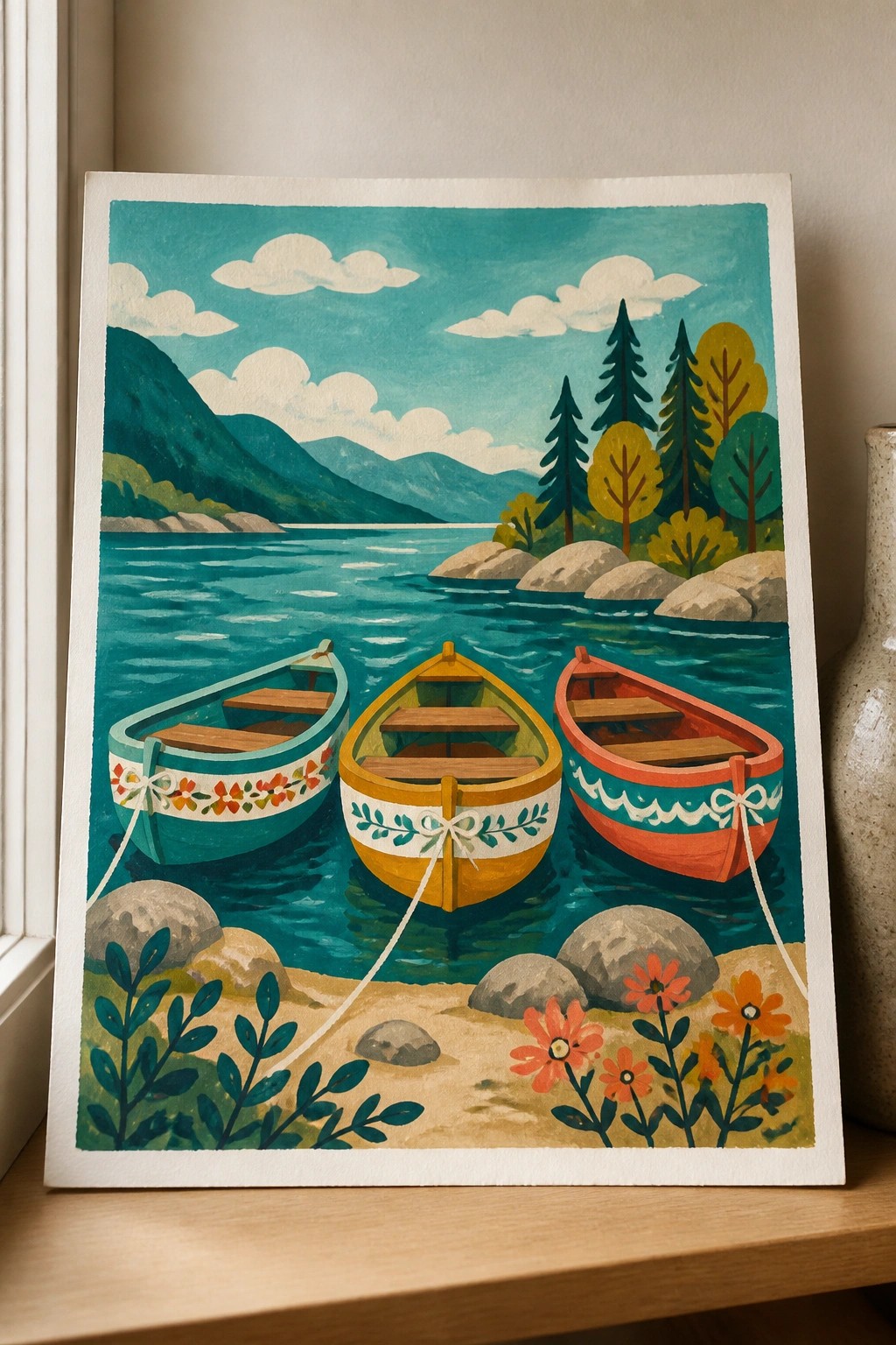 Three colorful rowboats tied on a lakeshore with mountains and autumn trees