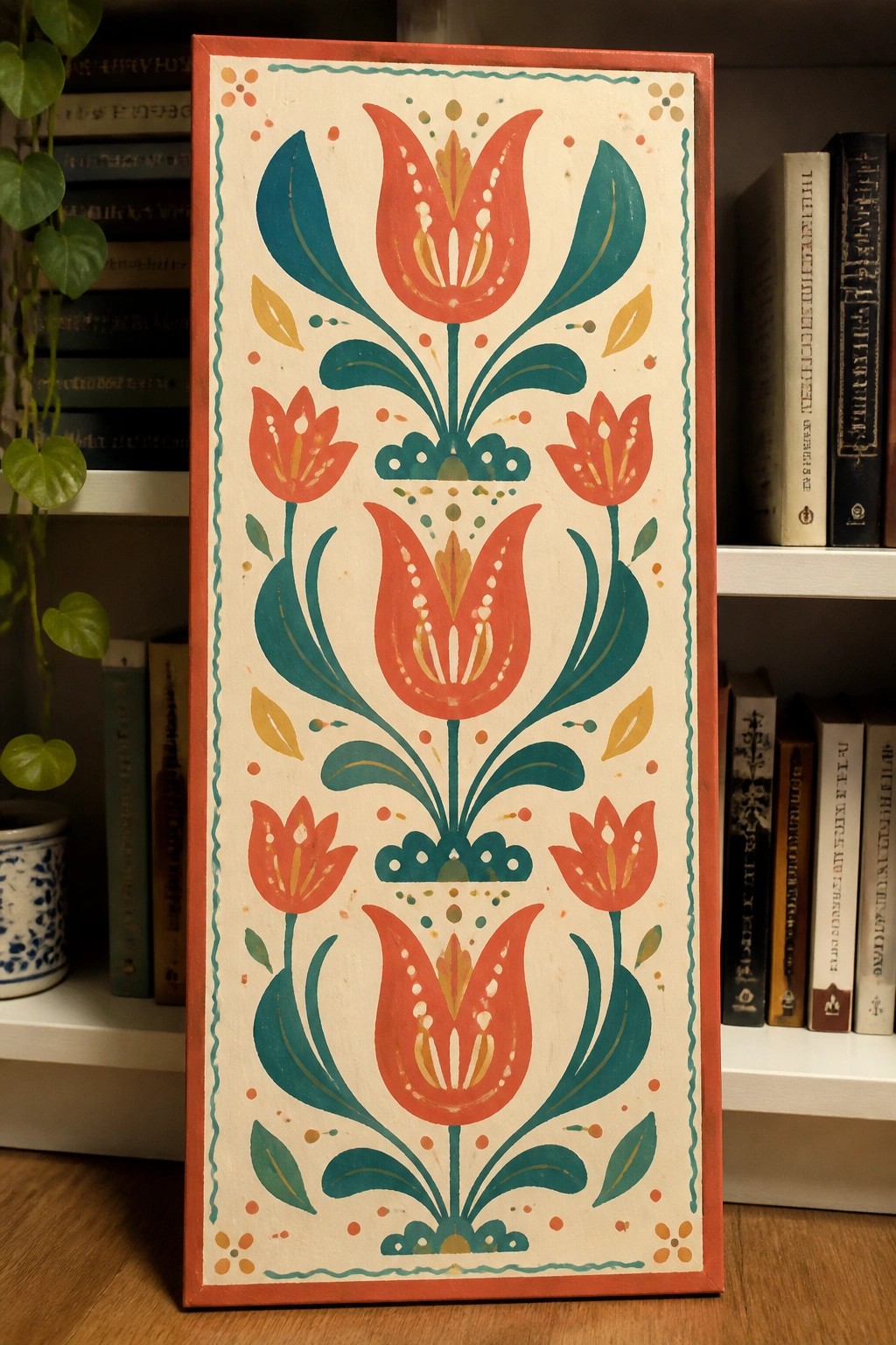 Colorful folk art panel with red tulips and teal leaves on cream wood