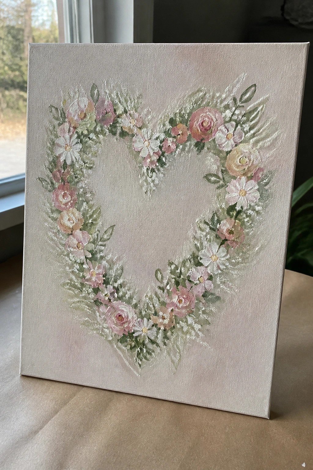 Heart-shaped floral wreath of pink roses and white daisies on canvas