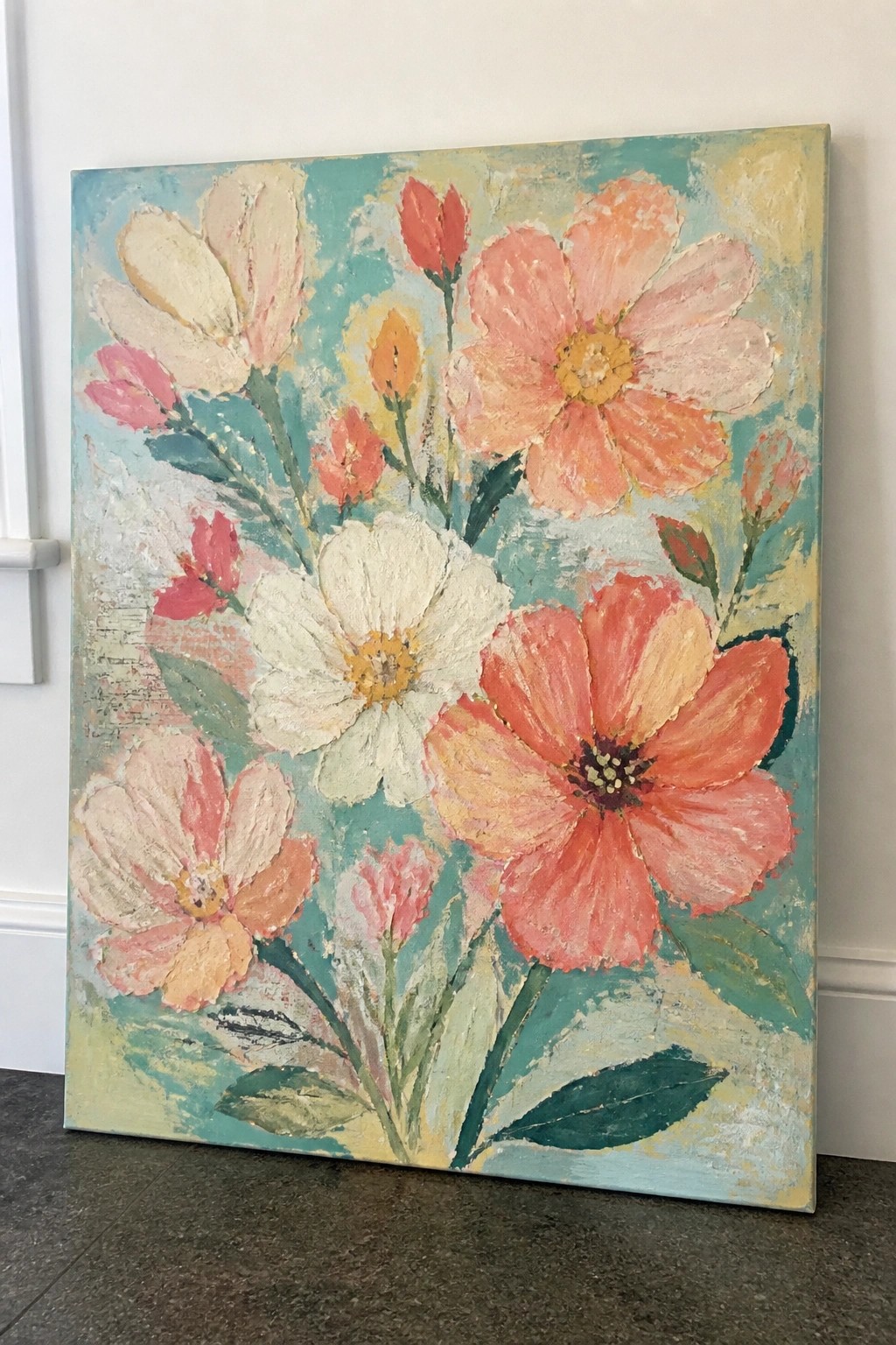 Vibrant floral painting with pink, orange, and white blooms on textured teal background