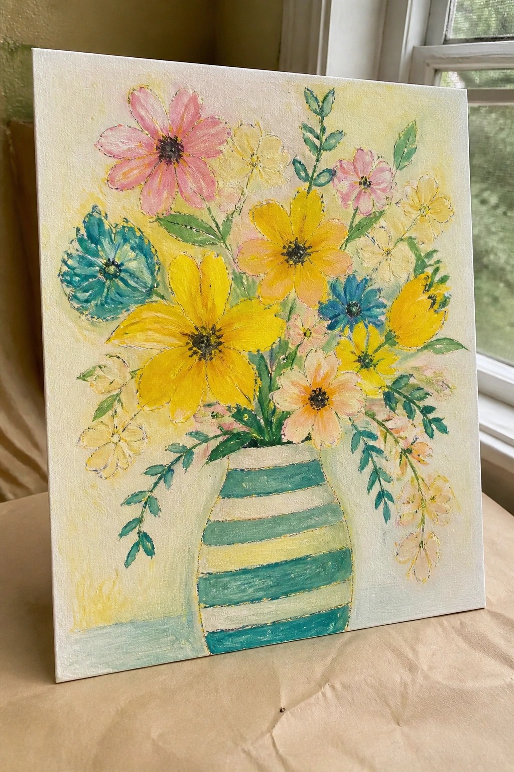 Colorful flowers in striped vase on canvas painting with window view