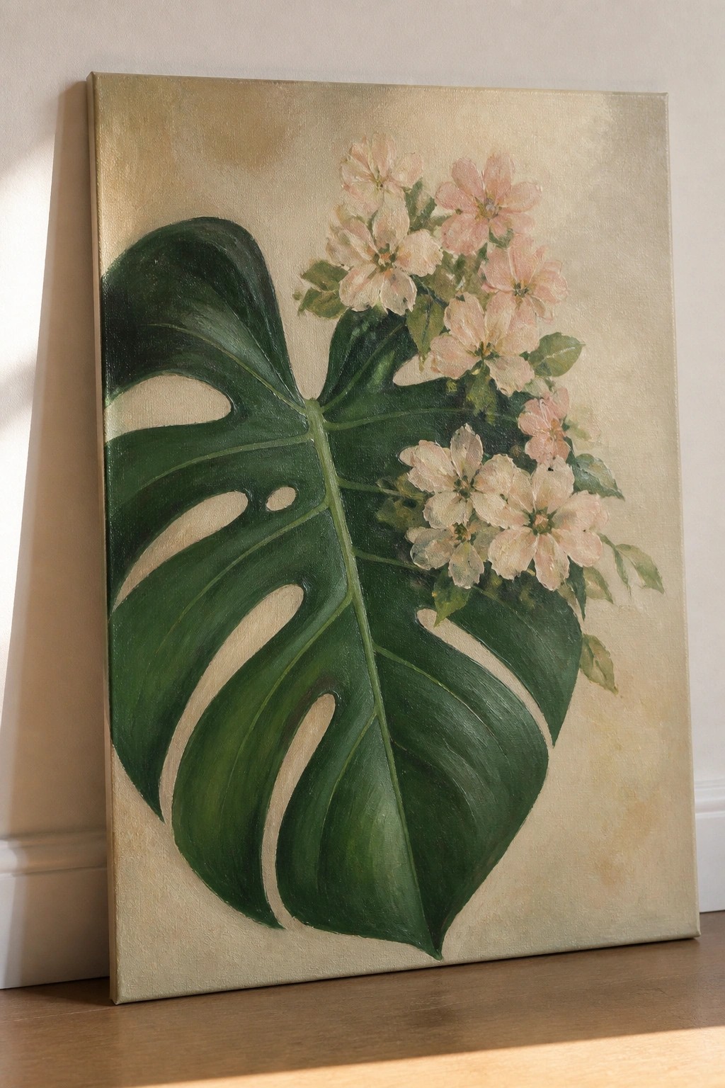 A canvas painting shows a large green Monstera leaf on the left side with pink and white flowers clustered on the right against a beige background.