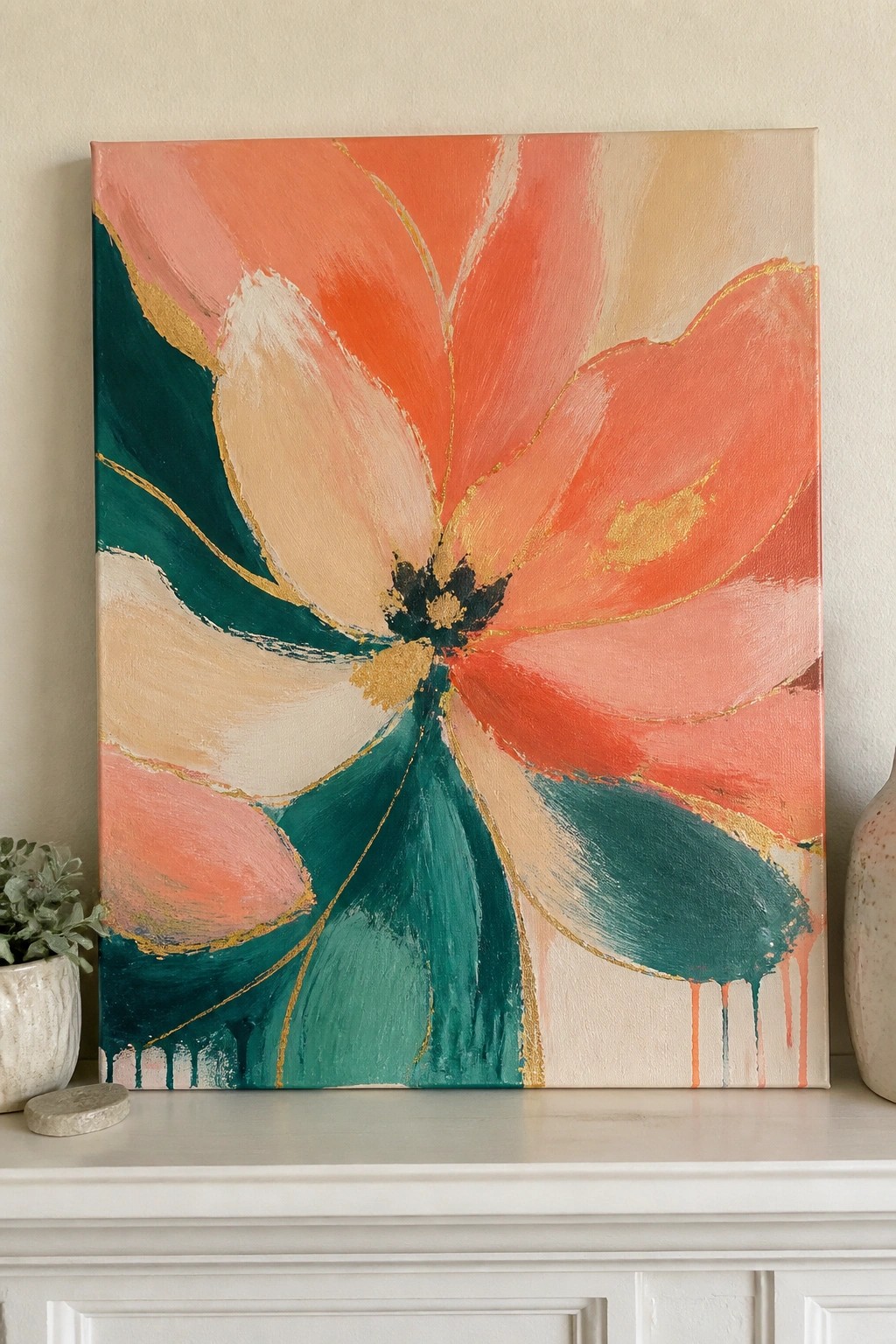 Abstract floral painting with coral petals, teal leaves, and gold accents on white mantel.