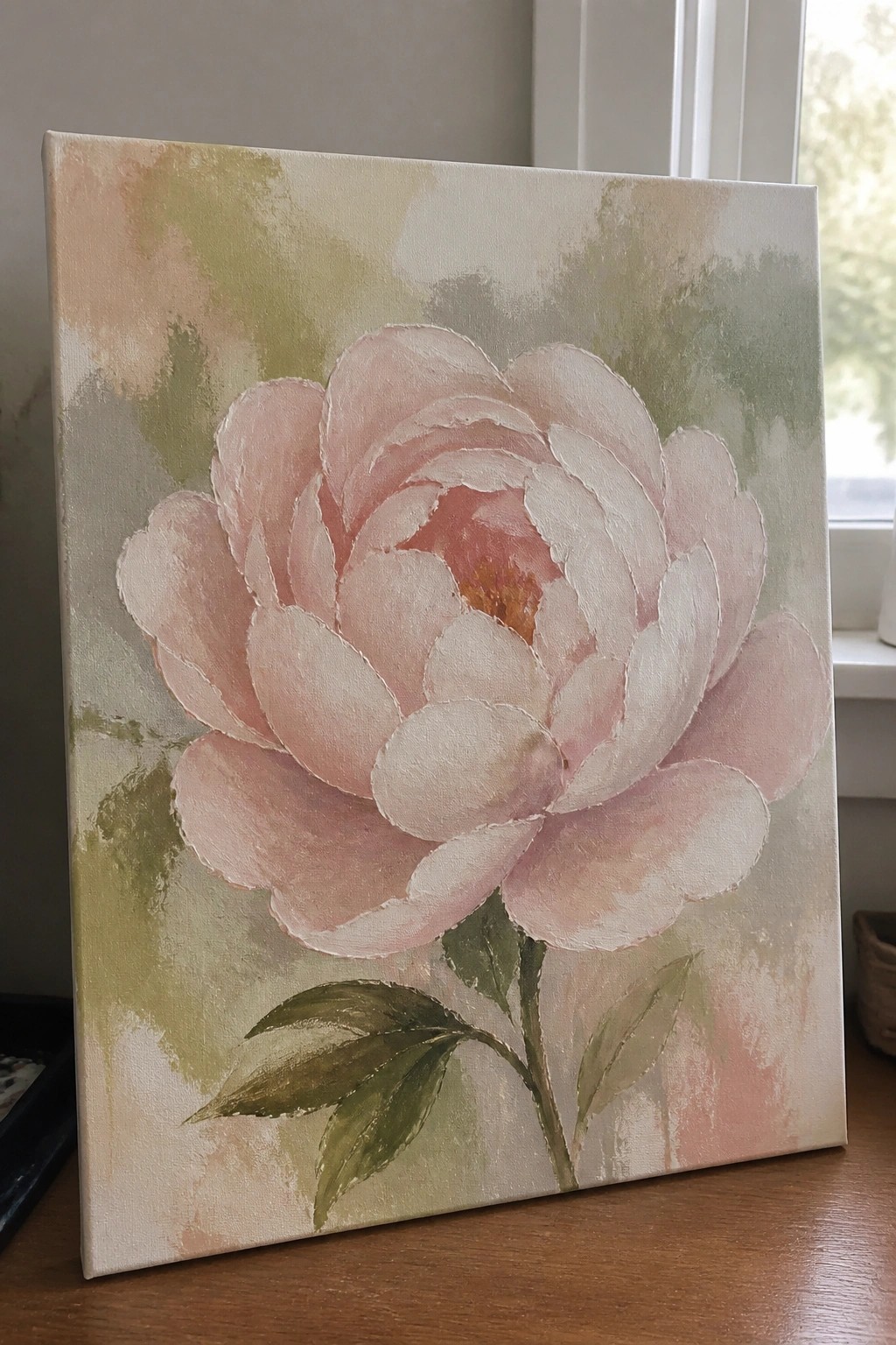 Canvas painting of large pink peony with green leaves on wooden surface