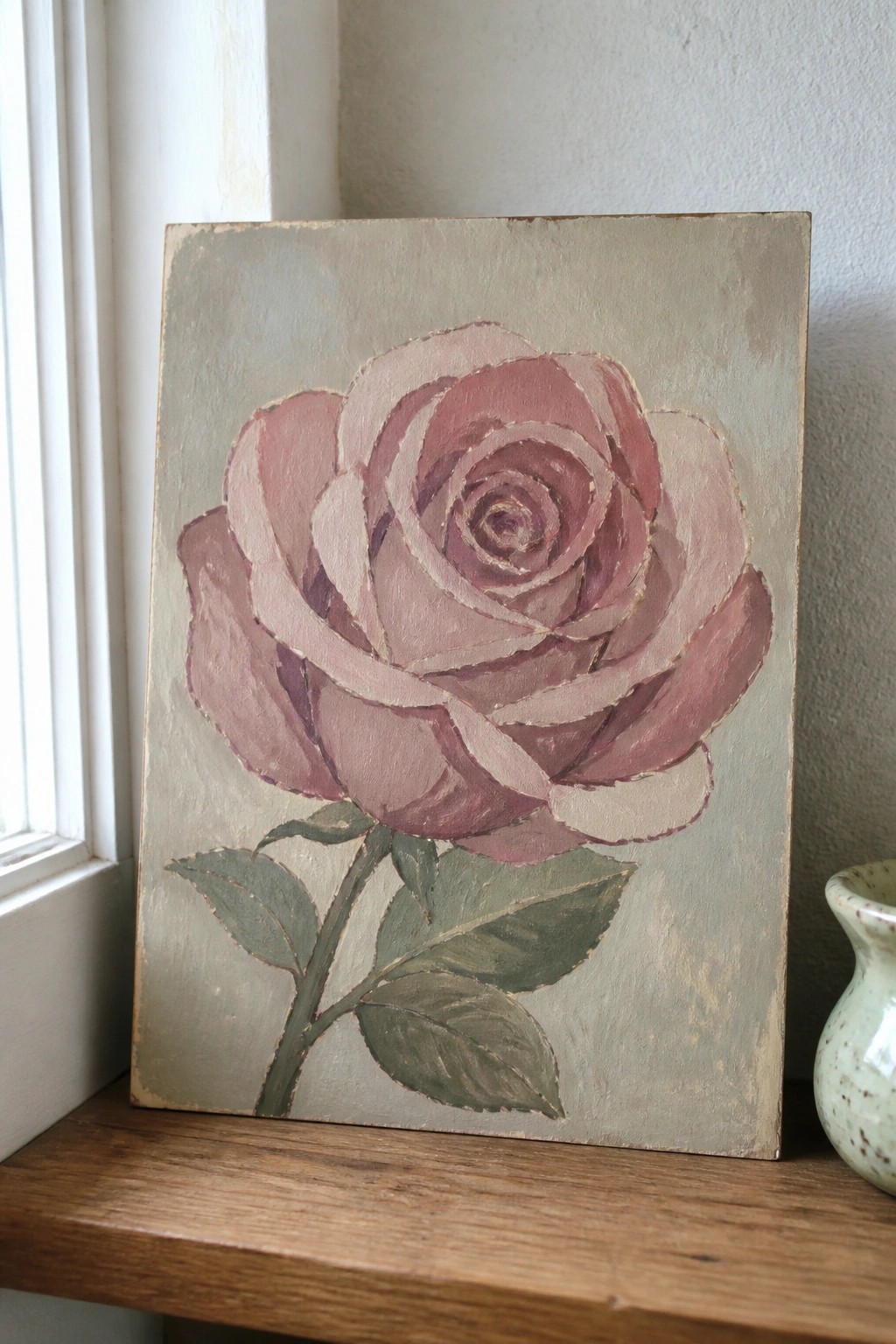 Pink rose painting on canvas beside window on wooden surface