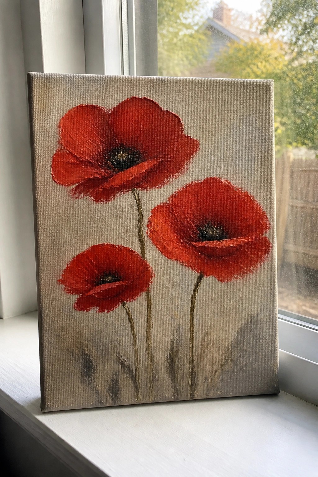 Three red poppies with green stems on a beige canvas by a window