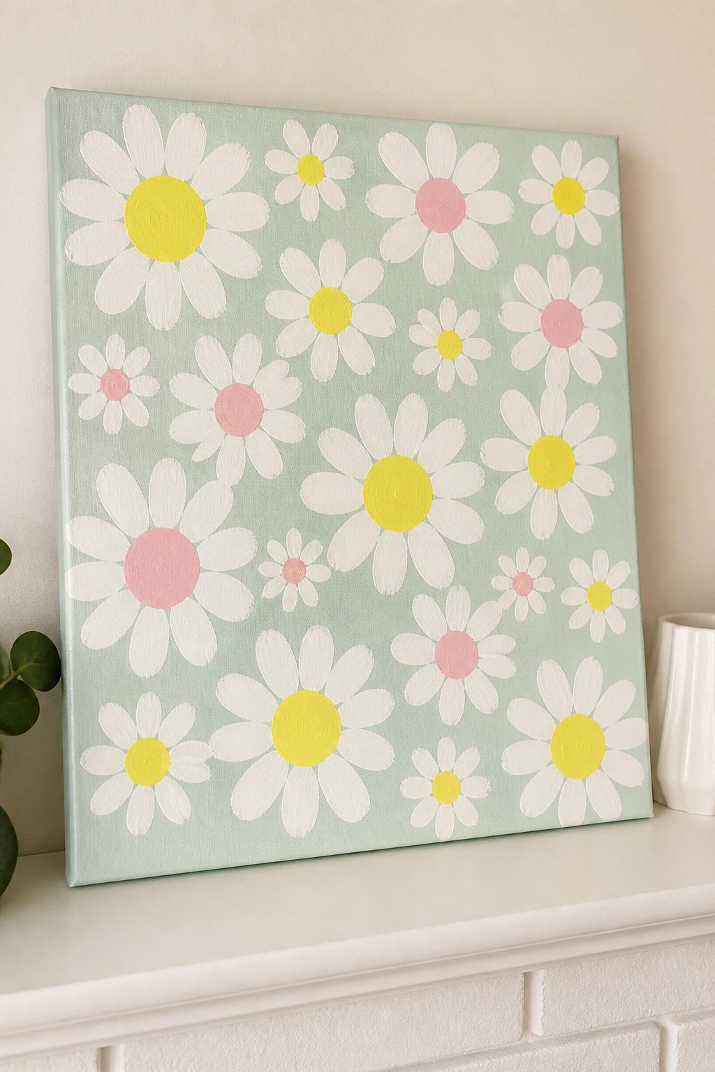 Square canvas with pastel daisies in white, yellow, and pink on mint green background