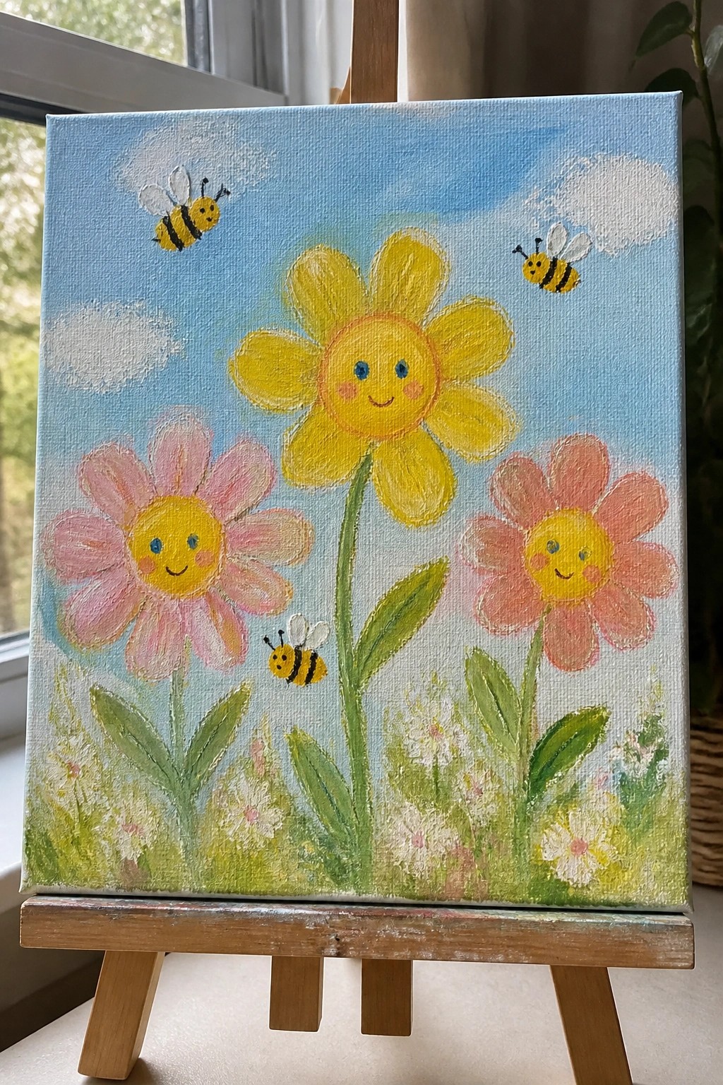 Vibrant painting of three smiling flowers with bees flying in blue sky on easel