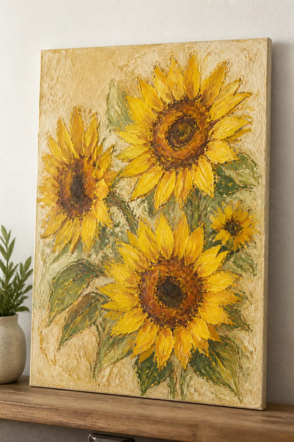 Thickly textured oil painting of yellow sunflowers with brown centers on canvas