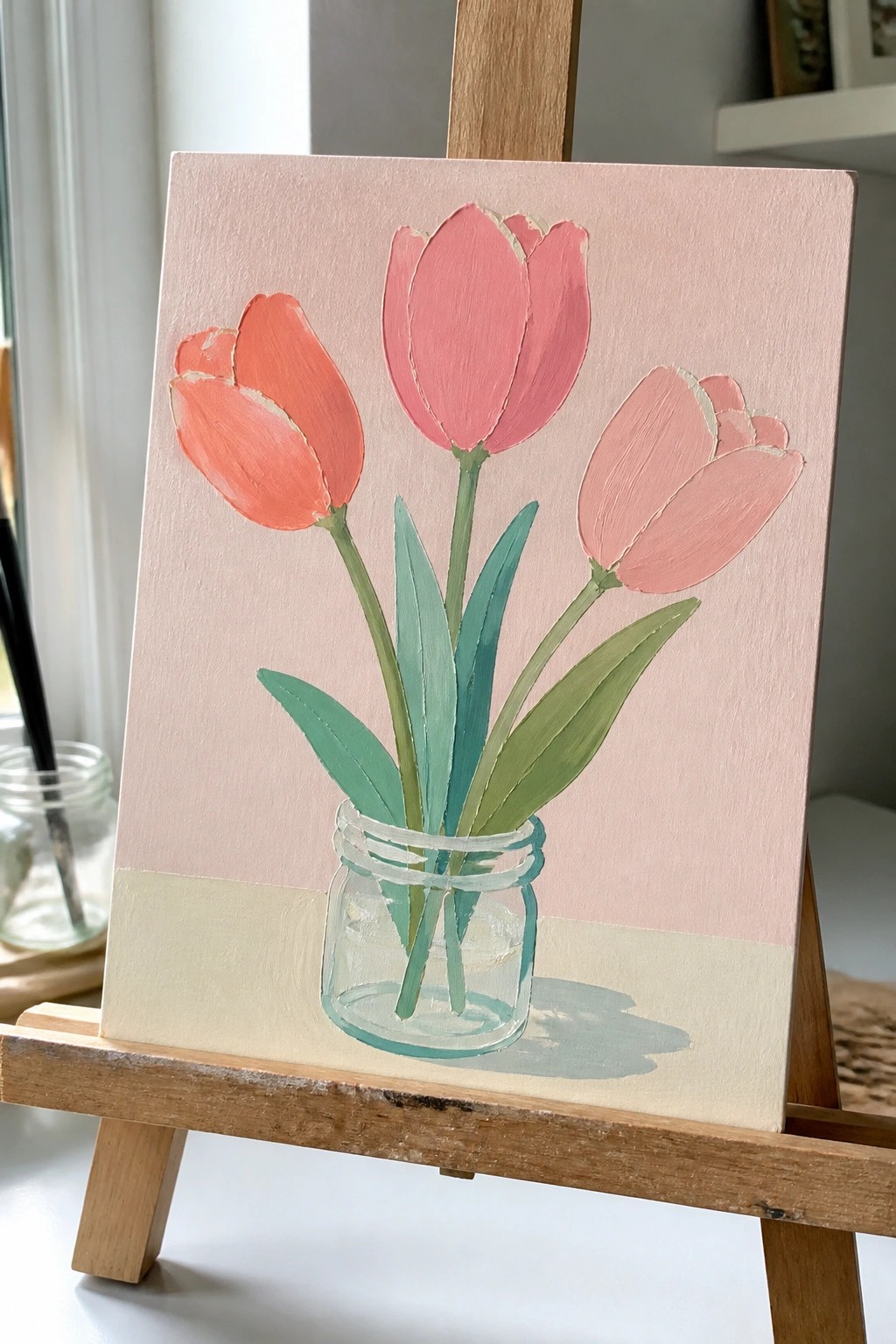 Pink and orange tulips in glass jar on wooden easel painting