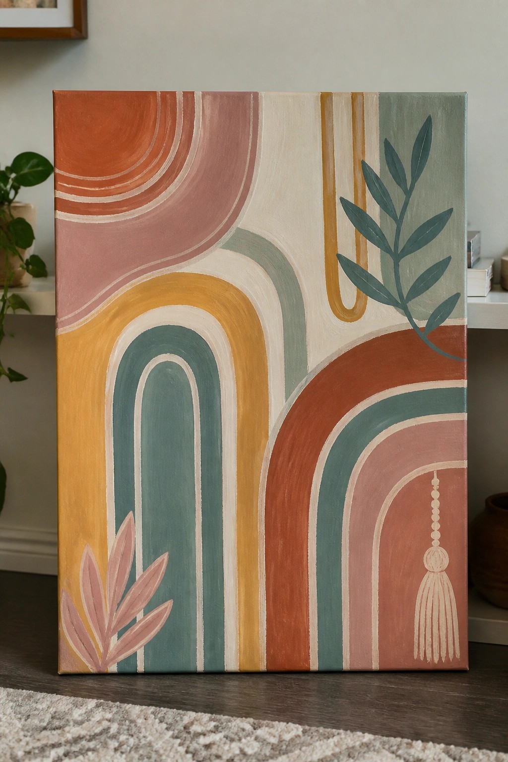 Colorful abstract canvas with arches, leaves, and tassel in bohemian room setting