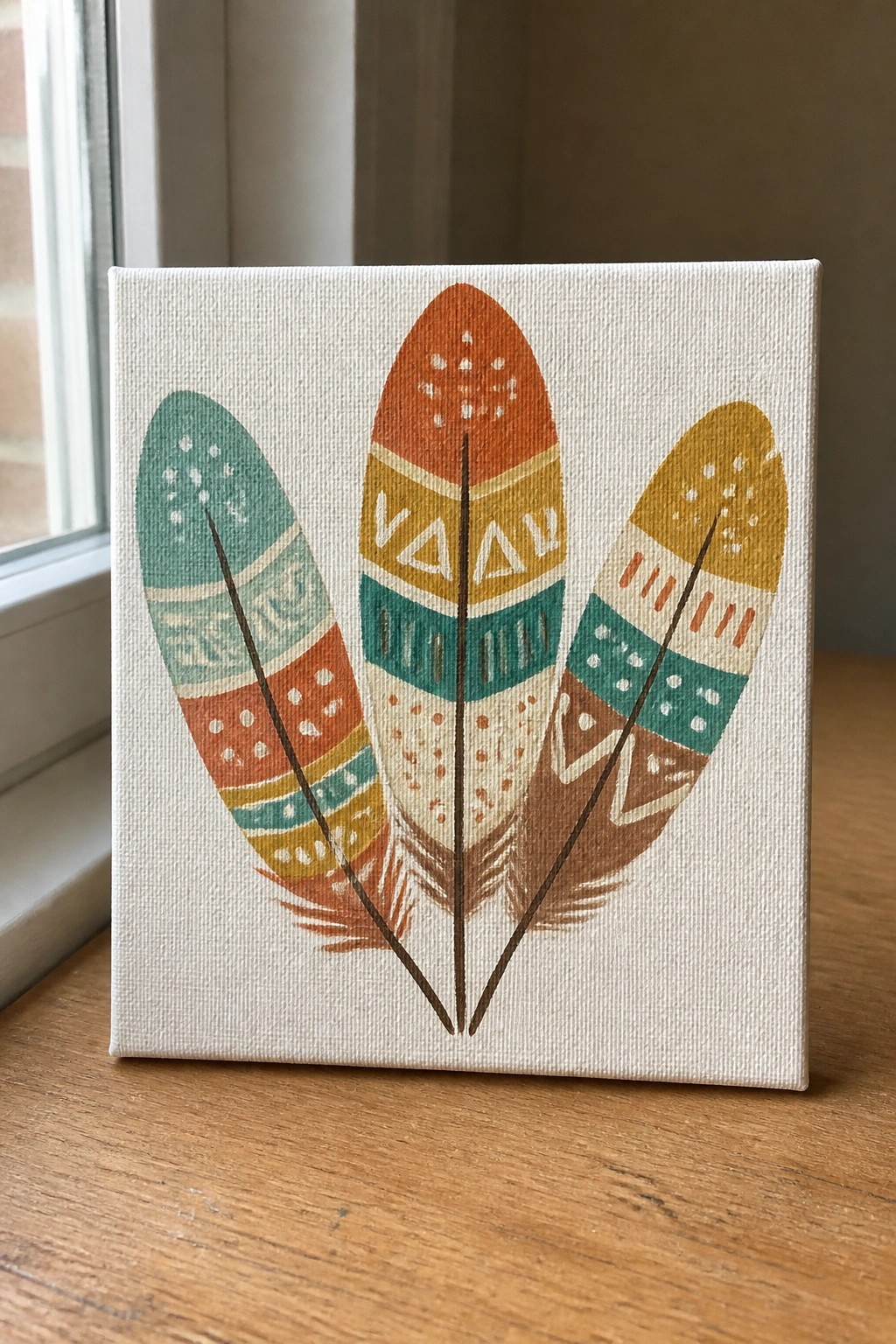 Three patterned feathers in teal, orange, and yellow on a white canvas.
