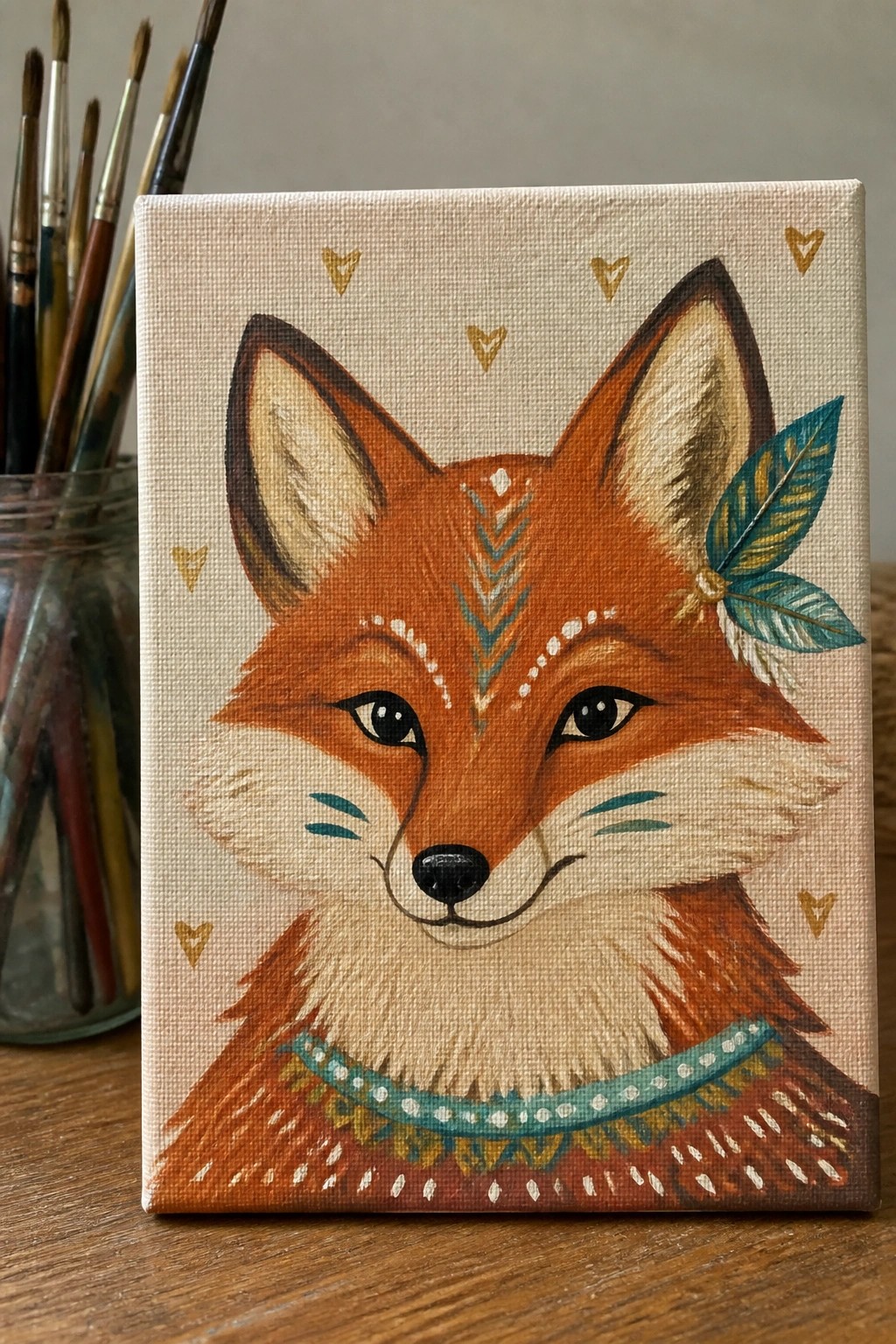 Decorative orange fox painting with teal collar, feather, and gold hearts on canvas