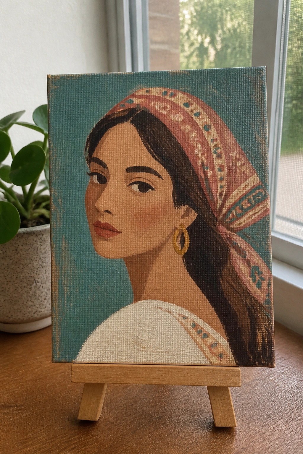 Portrait of woman with patterned headscarf and gold earring on wooden easel