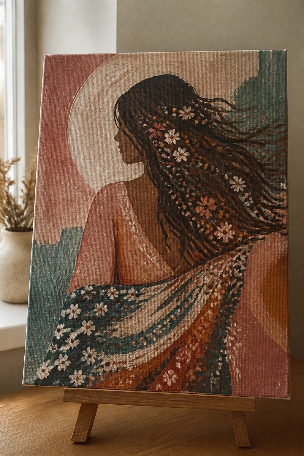 Textured canvas painting of a woman in profile with flowing floral hair on wooden easel